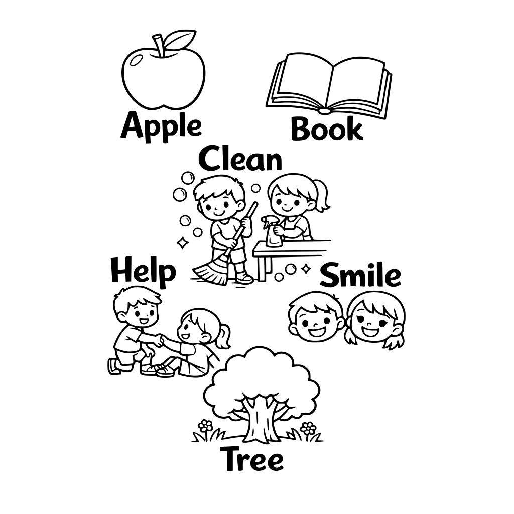 Create coloring page ideas for children aged 4–7 that promote kindness, cleanlinesspositive and universal words like Apple, Book, Clean, Help, Smile, Tree, etc.
