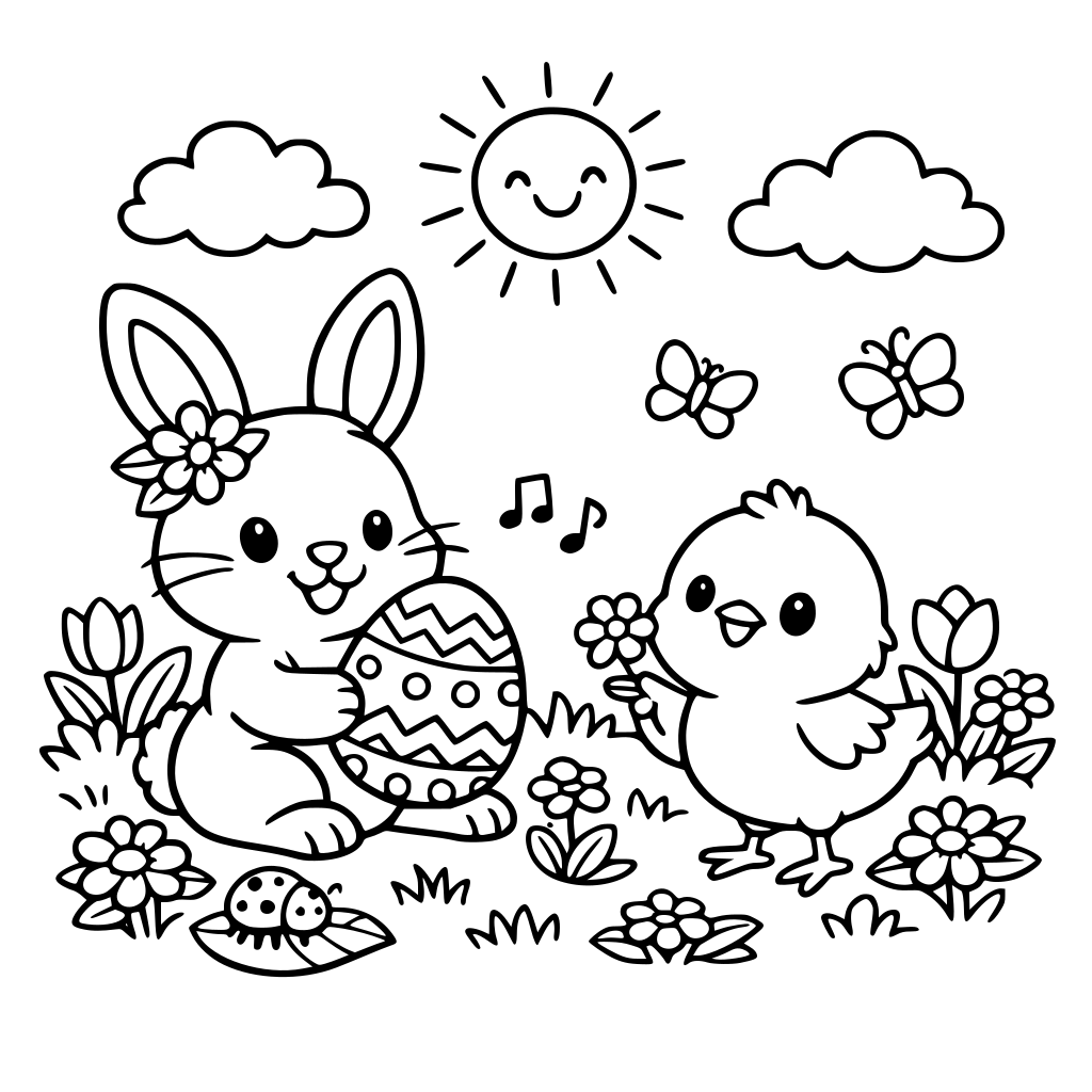 wiosenna kolorowanka dla dzieci 4-8 przedstawijąca króliczka i kurczaka na łące