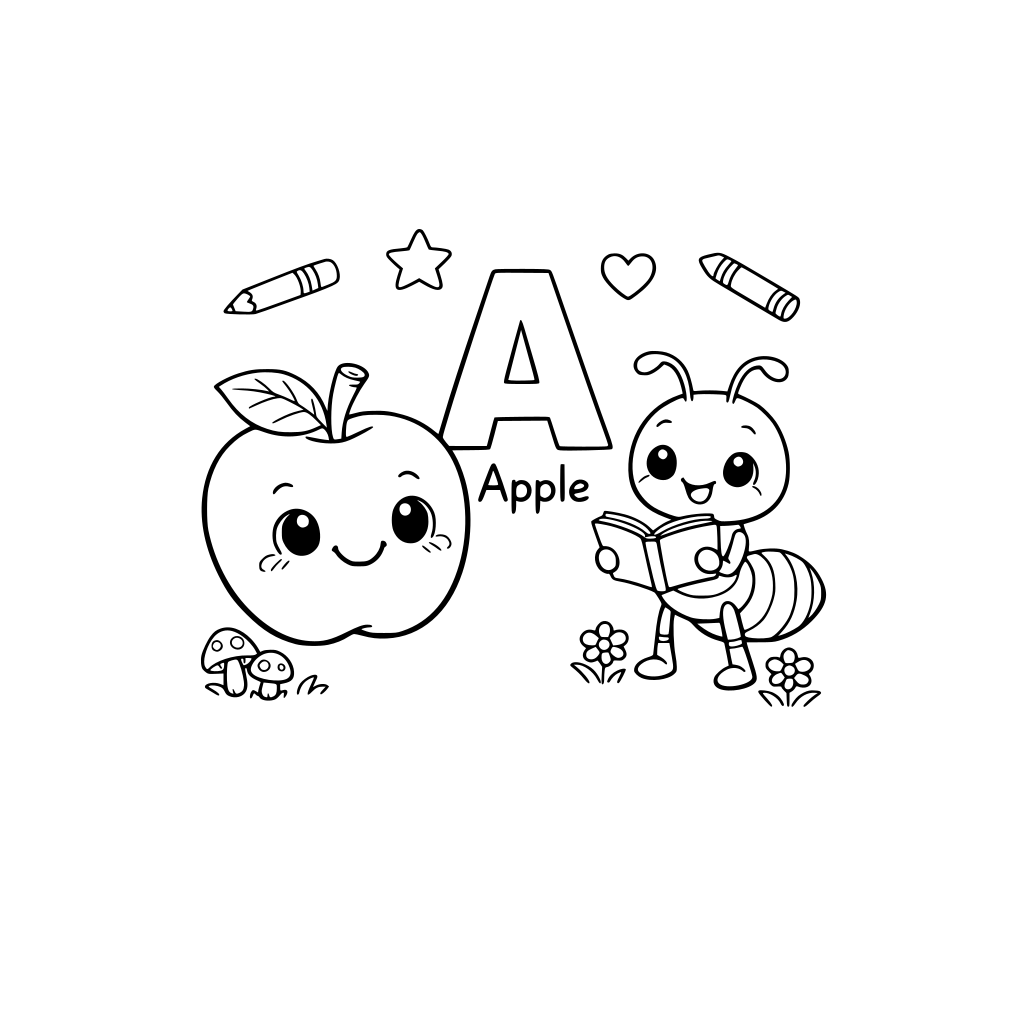 Cute Ghibli-inspired style illustration for kids coloring book, a smiling apple and a happy ant learning the letter A, simple outlines, soft whimsical fantasy style, child-friendly, black and white line art, no shading, educational alphabet theme
