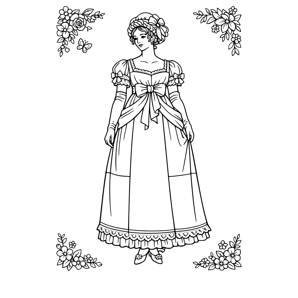 Regency fashion plate coloring page. Full-length gown divided into 4 large sections (bodice, skirt front, skirt back, sash). Add ribbons, lace trim, small spring florals in corners. Thick outlines. No shading. No text.