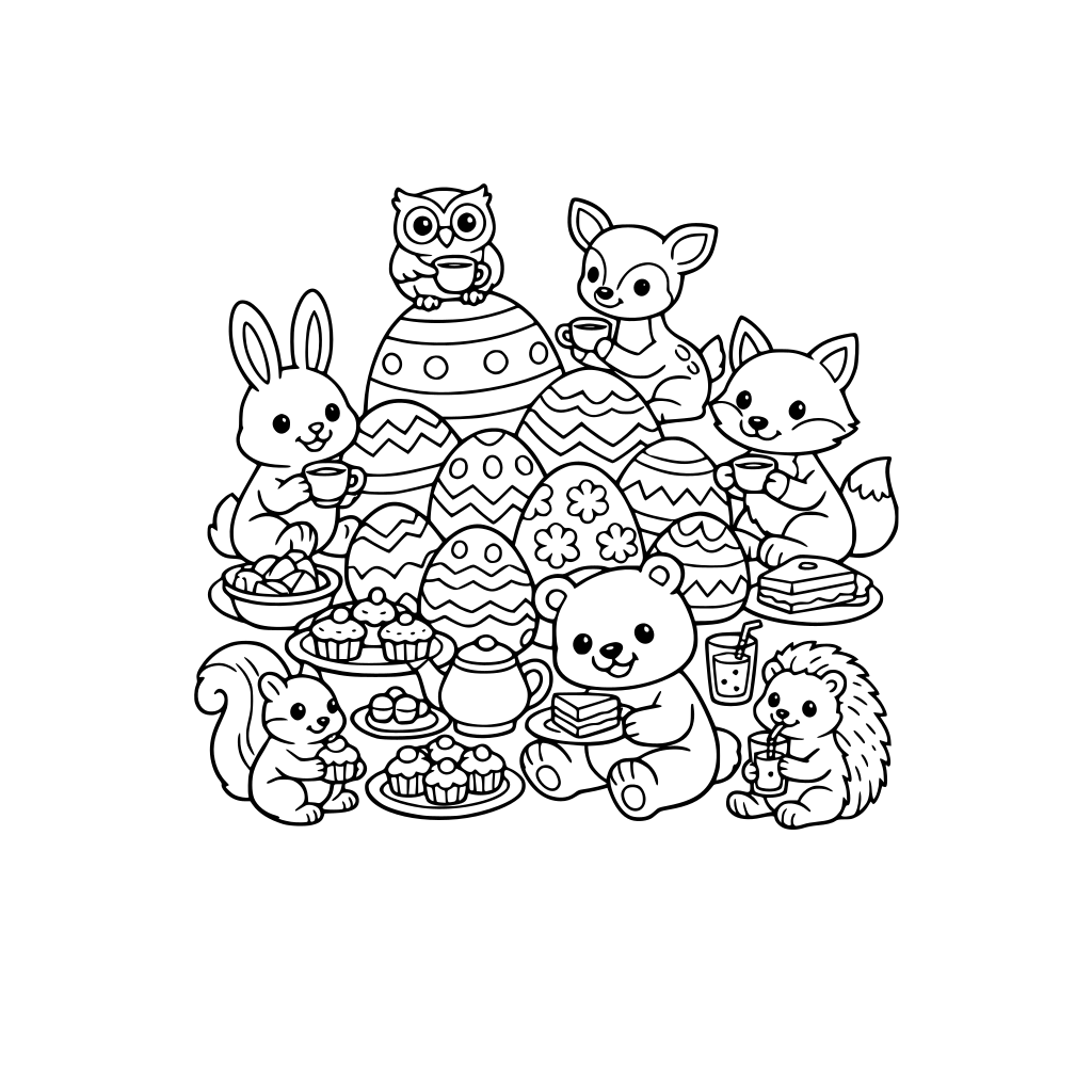 Forest animals having a tea party around Easter eggs, with cakes, sandwiches, and juice