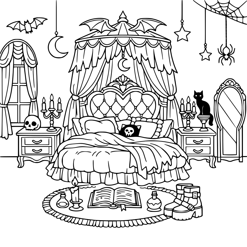 A goth themed aesthetic fantasy master bedroom for girls and young women