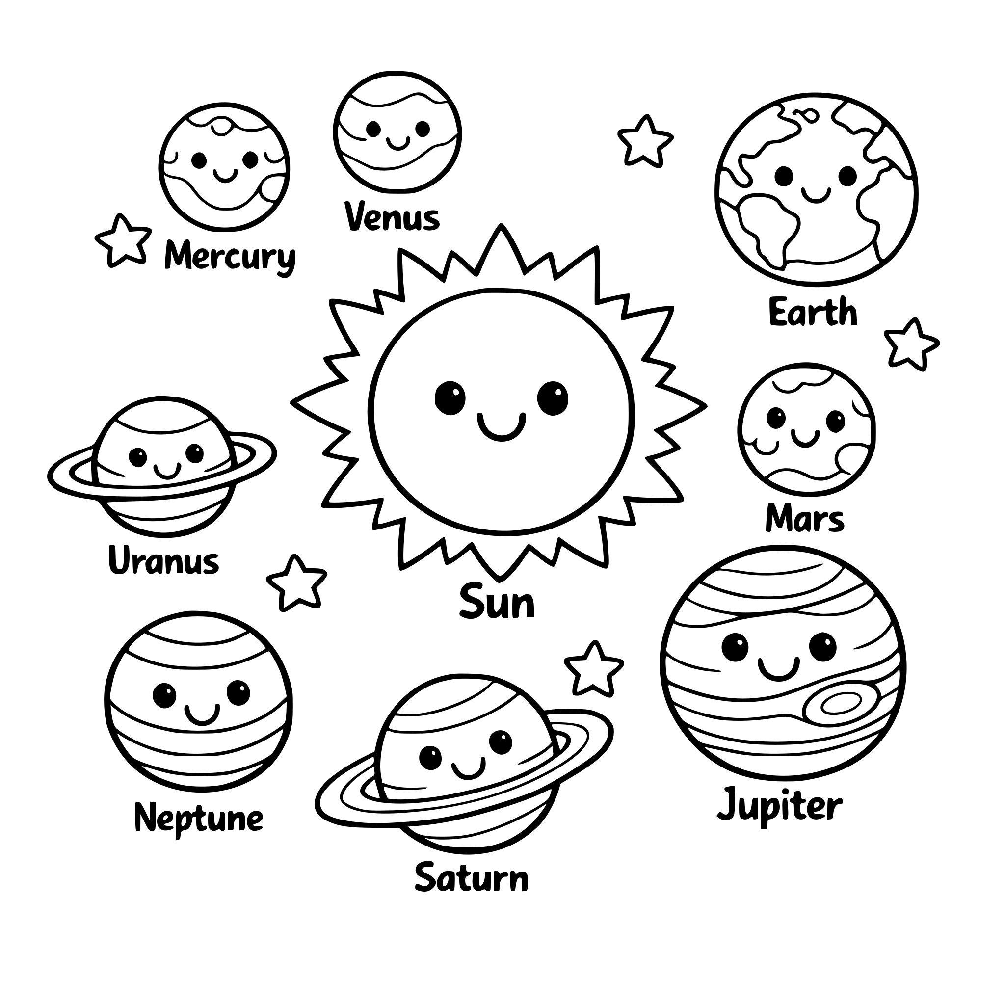 Simple solar system with labeled planets, cute smiling faces, arranged neatly, black and white line art, kids educational coloring page