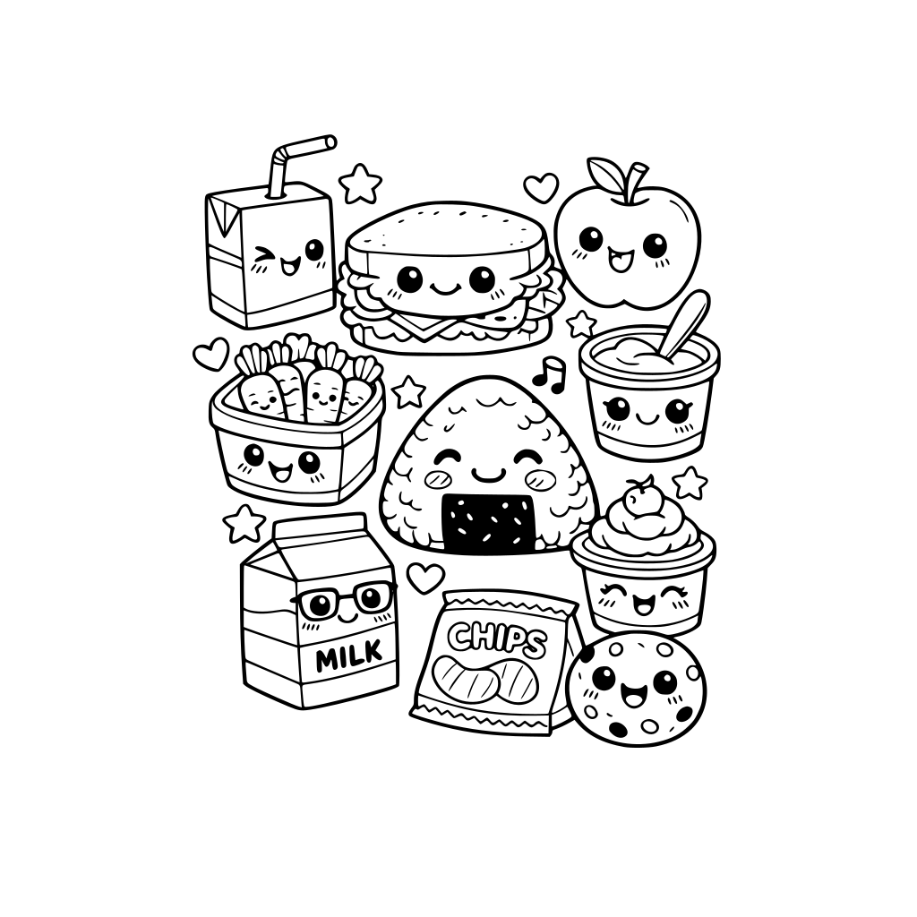 kawaii school lunch items. each item has a cute kawaii facial expression. do not repeat items. do not repeat facial expressions.