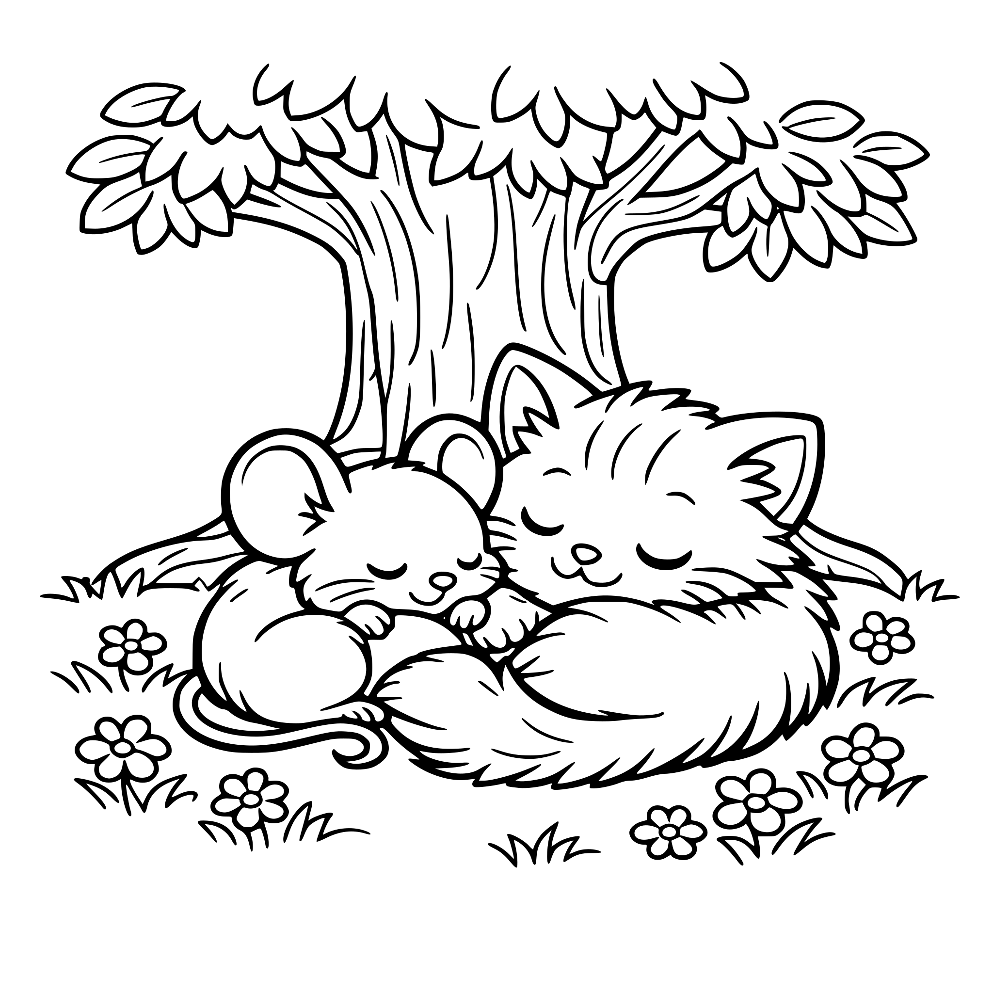Draw a coloring page of Pip and Whiskers curling up together under a large tree on soft grass, with warm sunlight and small flowers around.