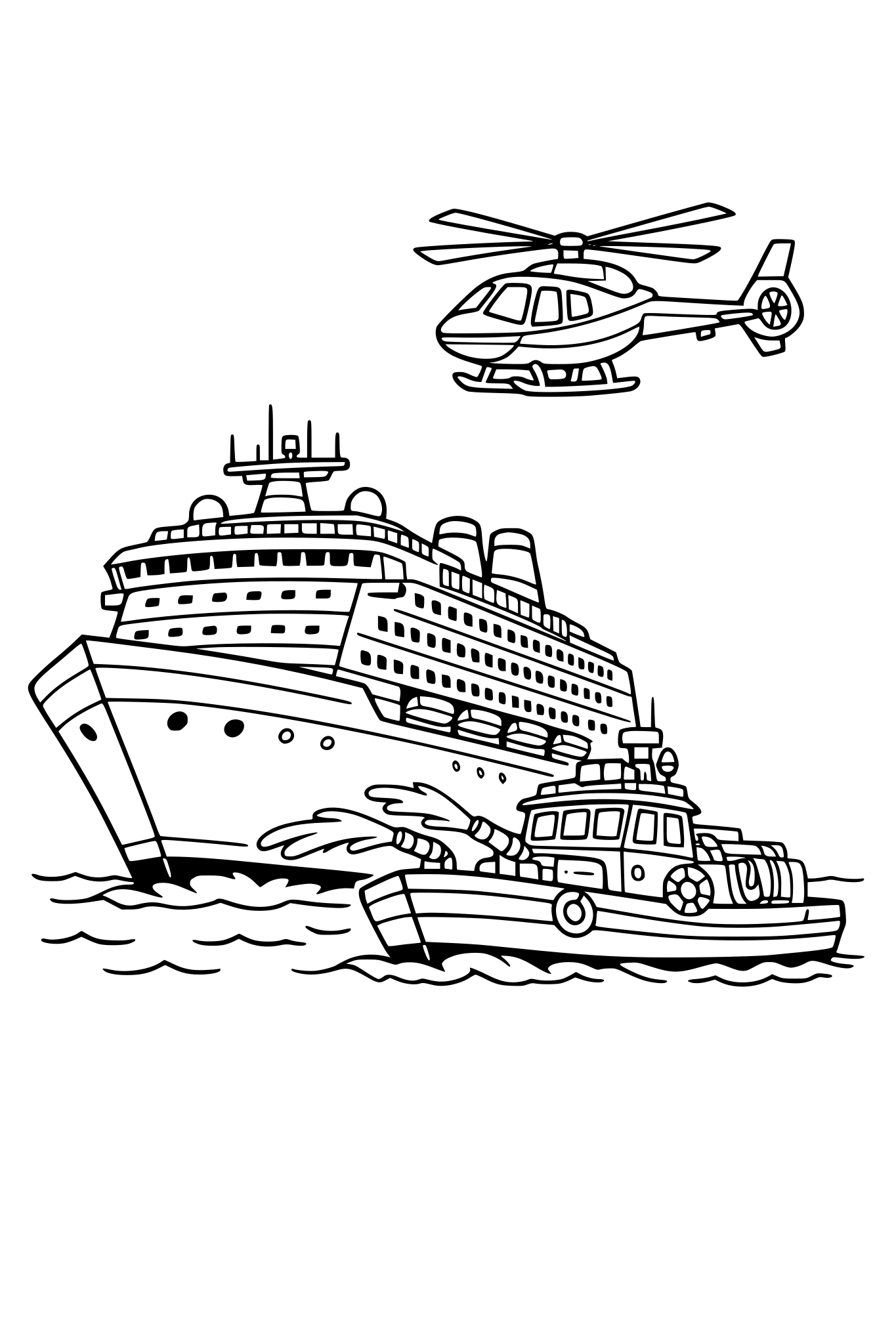 A big ship at sea, next to it is drifting a fire boat, a helicopter is flying above them