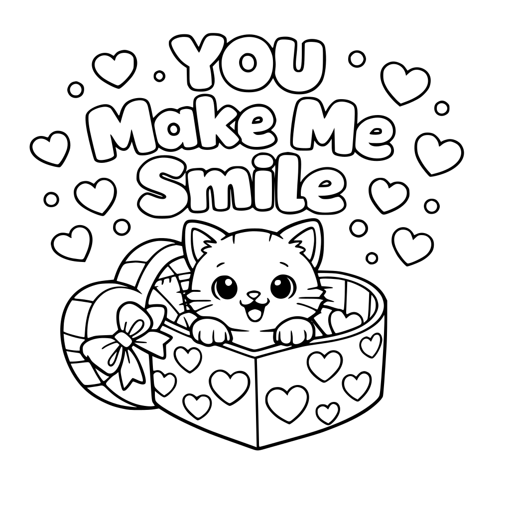 A kitty sitting inside a heart decorated box. Big text: "You make me smile" Floating hearts and dots. Please make the words bubble letters so that kids can color it in.