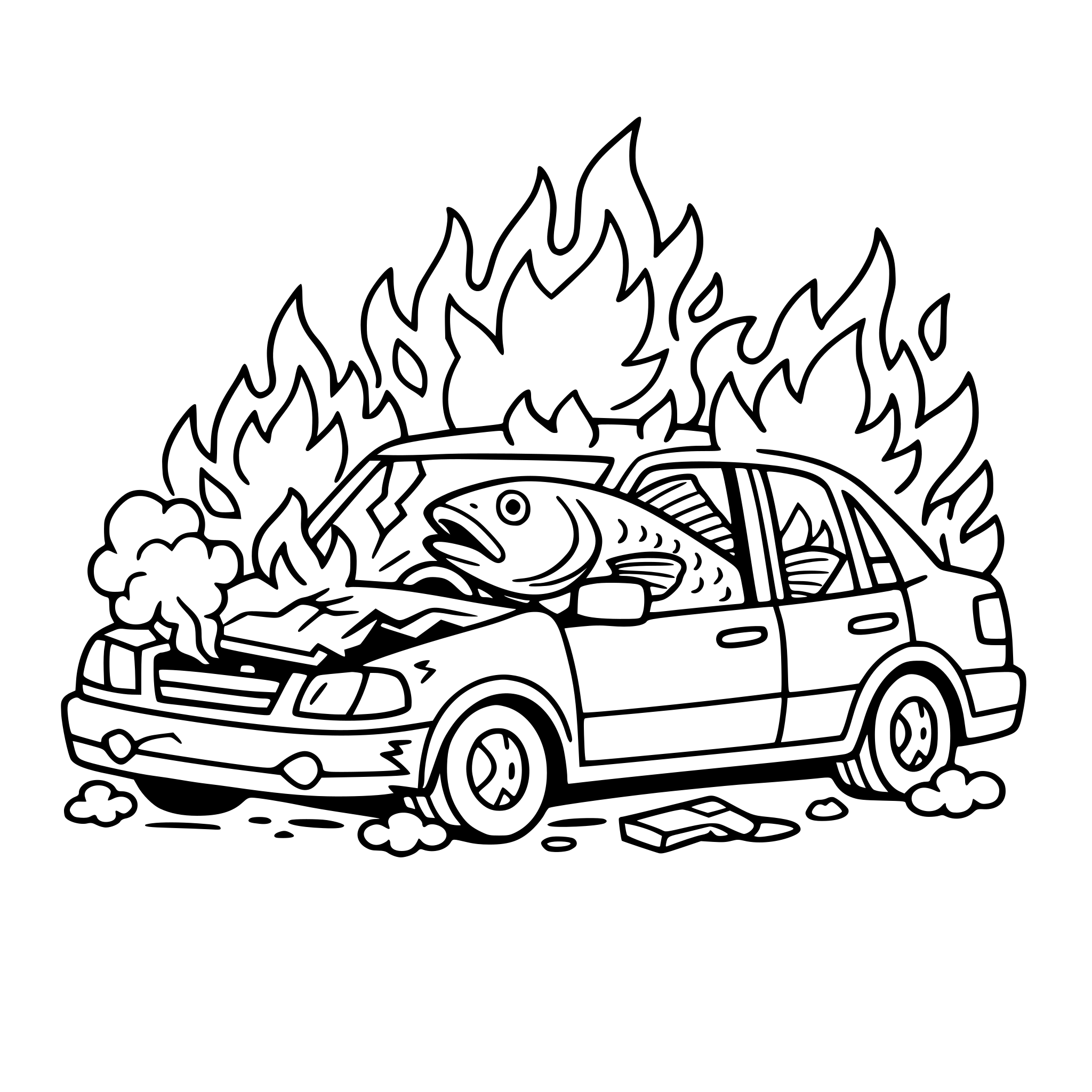 Brinnande bil med en torsk i