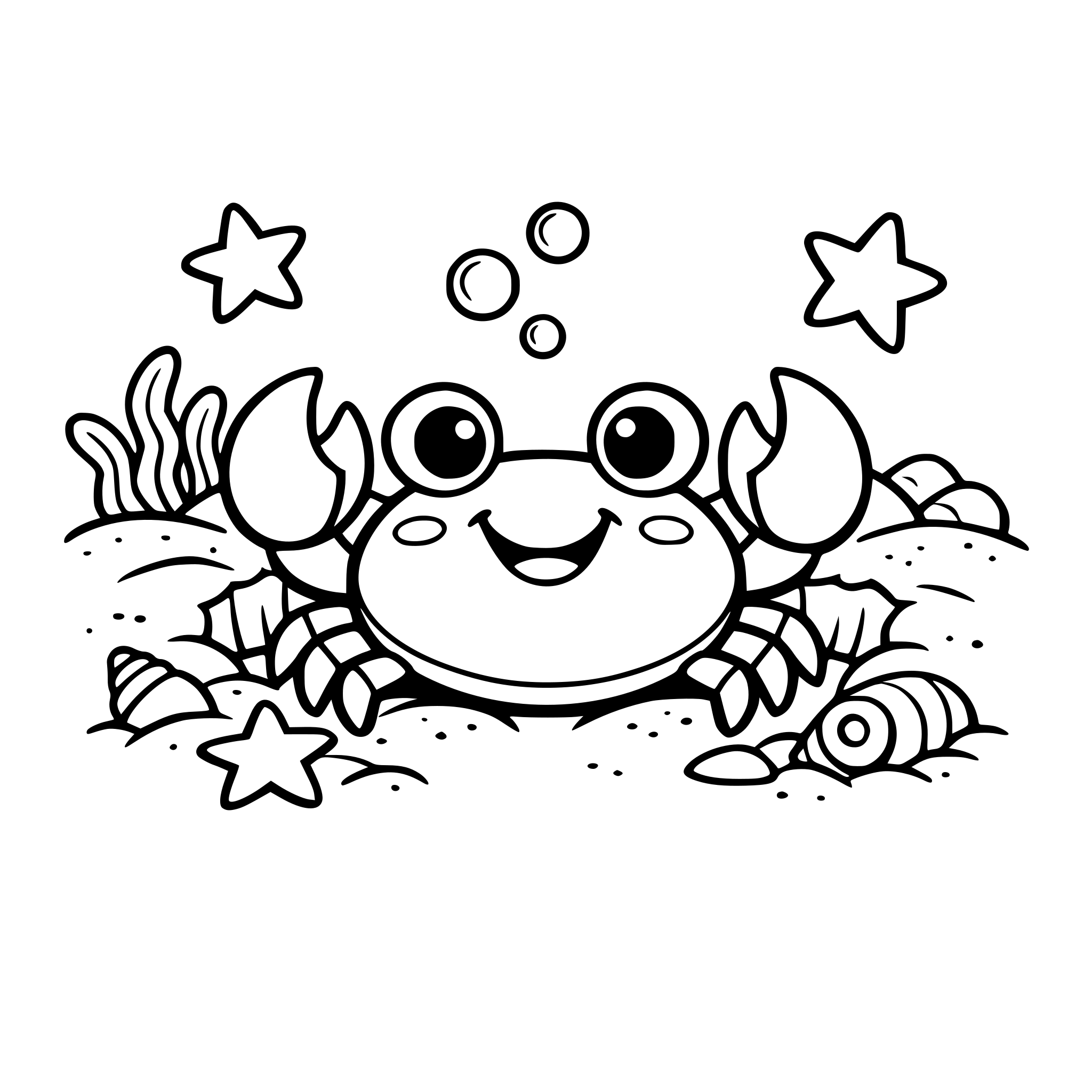 A cute crab sitting in a small sandy nook, smiling