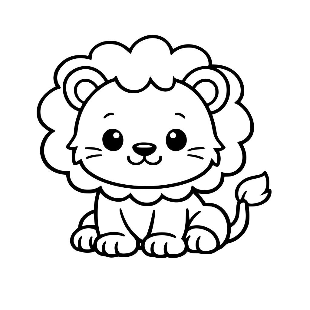 Cute baby lion coloring page for kids, simple black and white line art, thick clean outlines, no shading, no background, no text, printable coloring book page, white background