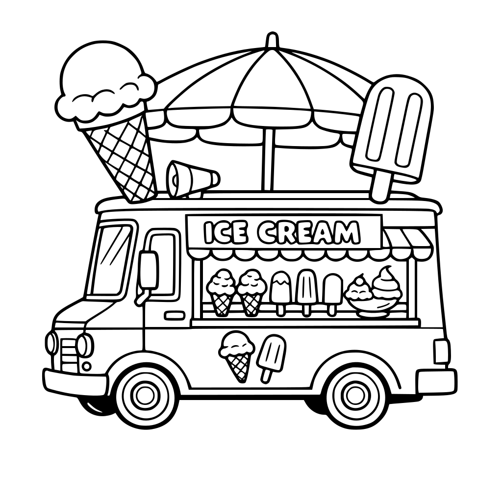 ice cream truck with cones, popsicles, and a big umbrella.