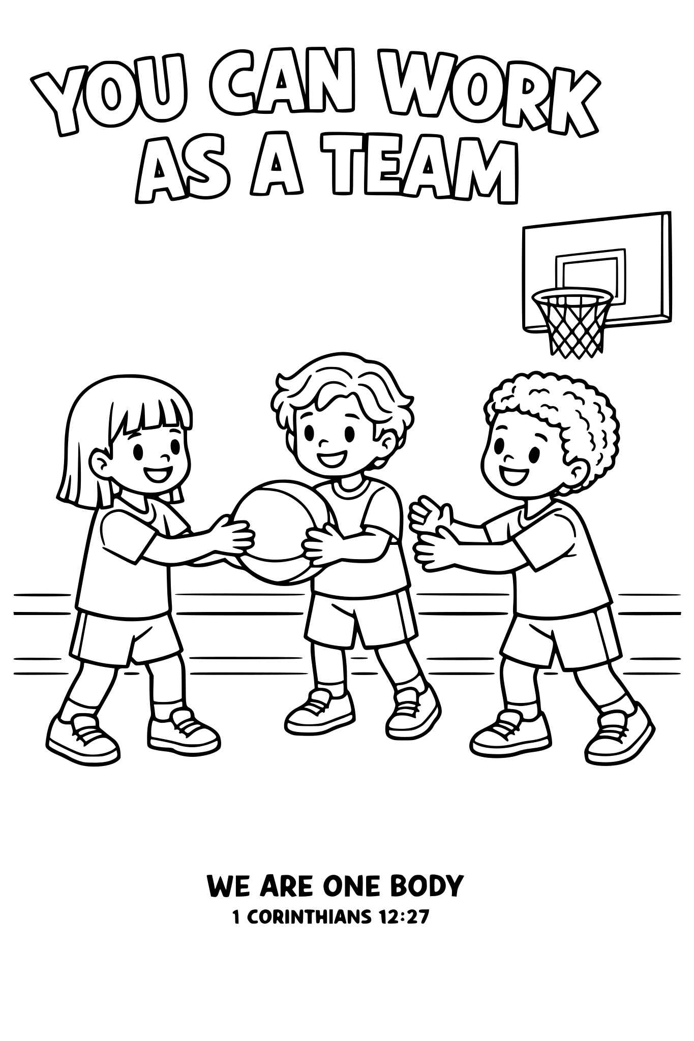Black and white coloring page, simple kids line art, 3 child
