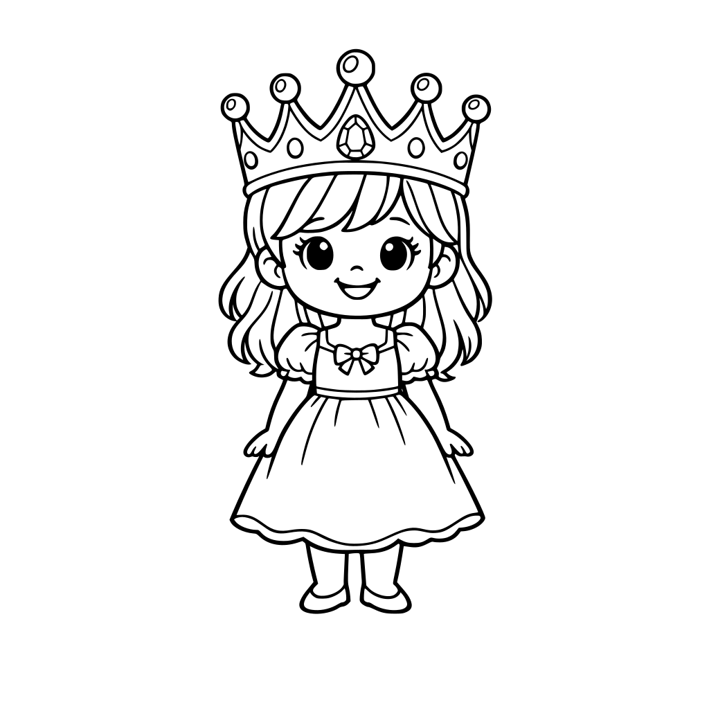 Cute little princess wearing a big crown, smiling, simple dress, standing, coloring book style, thick black outline, no color, white background