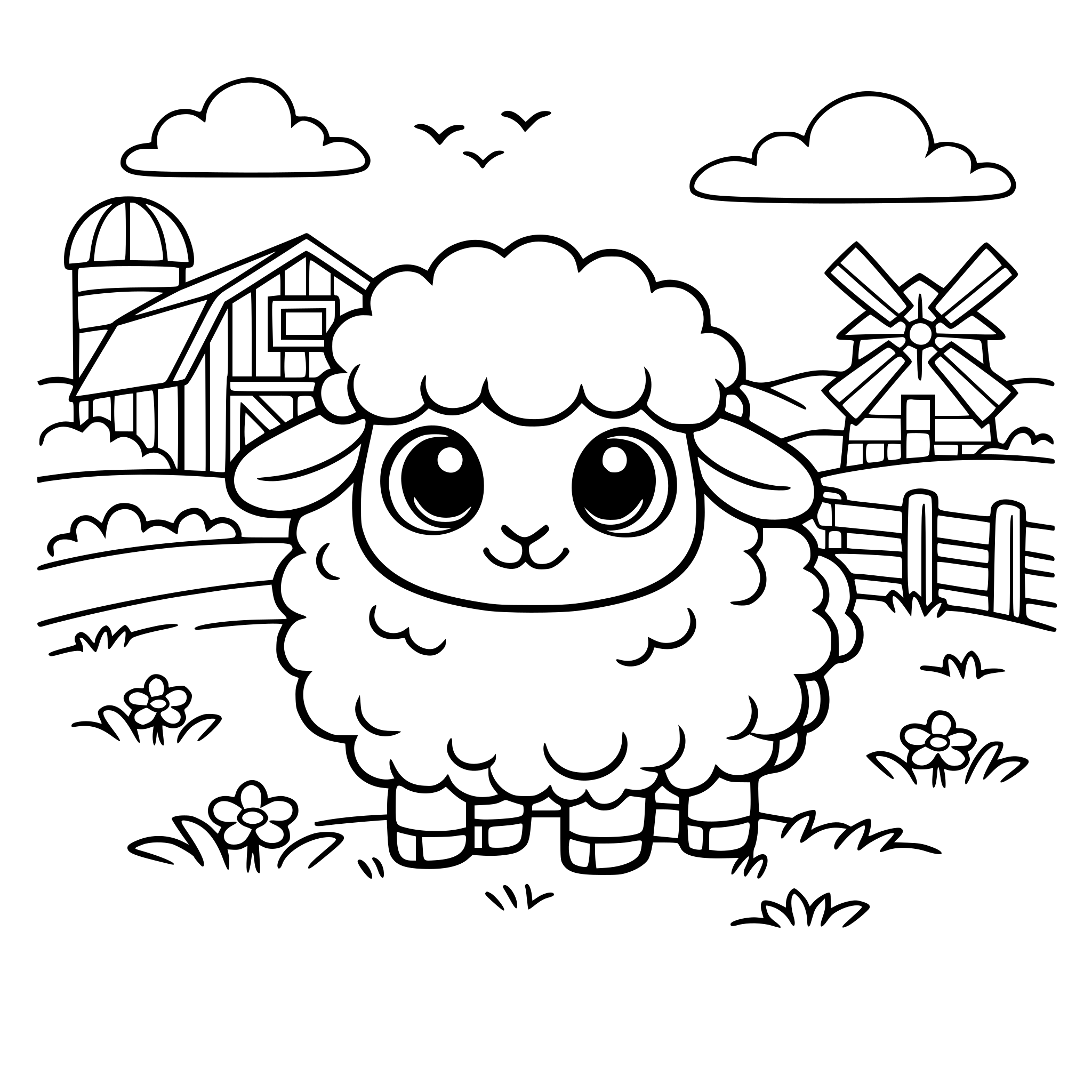 fluffy sheep with big eyes standing on grass with the background of farm