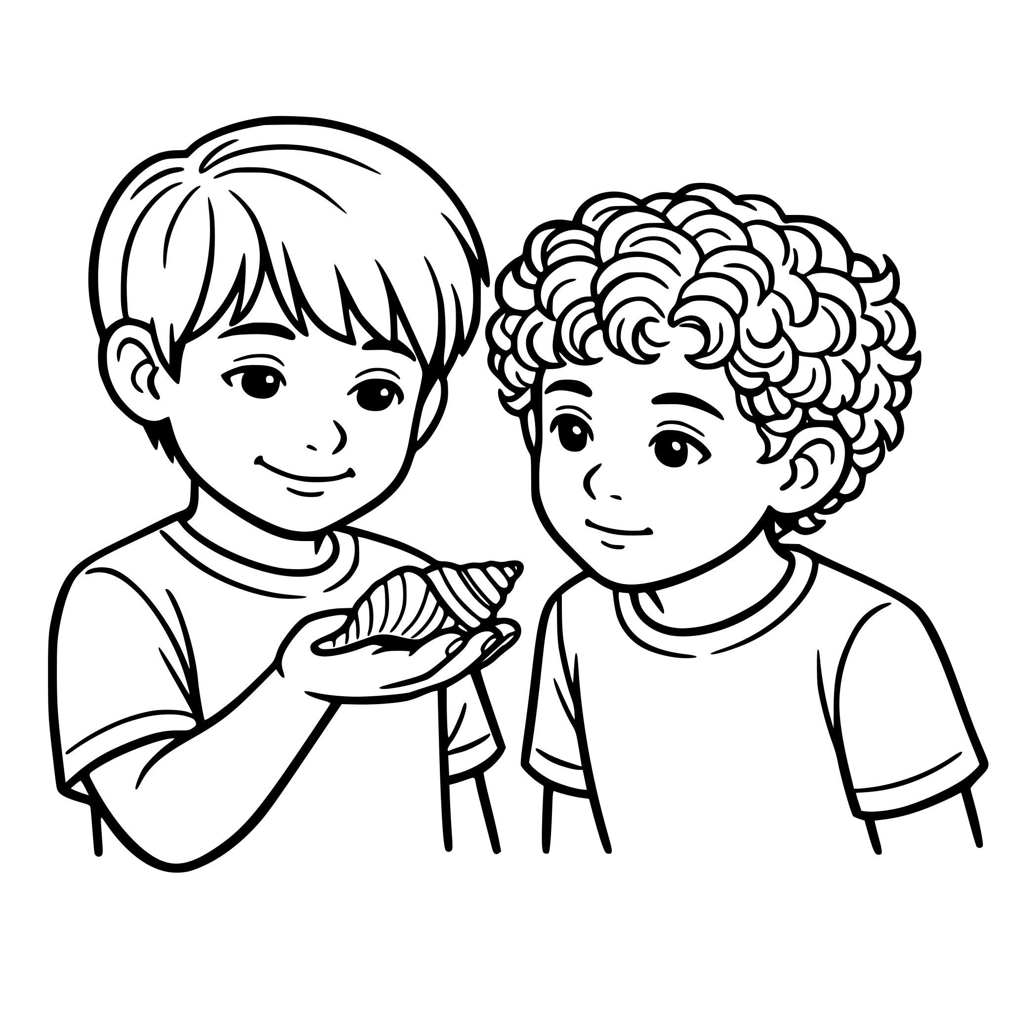 Create an image of a young hispanic boy with a seashell in his hand. Another boy with curly hair and different face and real looking eyes, looks at the seashell in his friends hand. The expressions are subtle. White background, isolated.