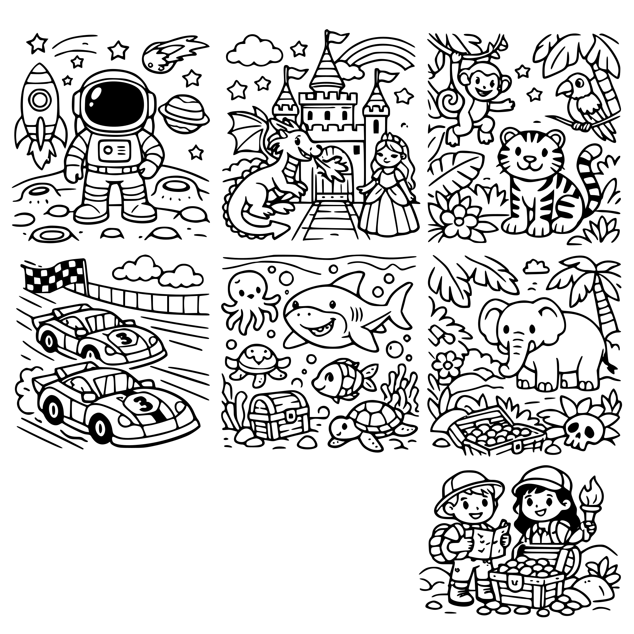 Jag vill ha 6 bilder med olika färgläggningsbilder. Det ska passa 8-10 årinagar.