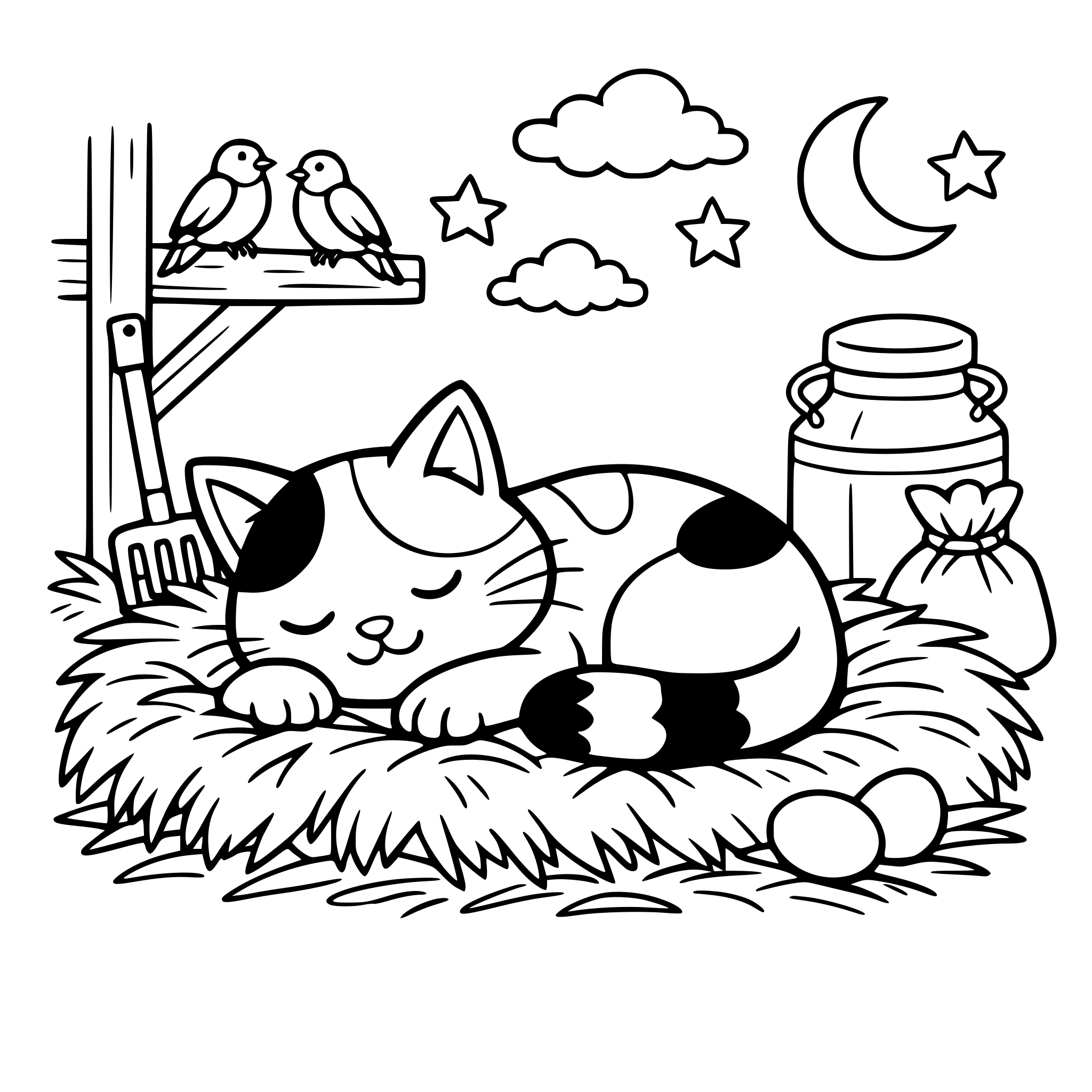 Cute farm cat sleeping on hay inside a barn, cozy and calm scene