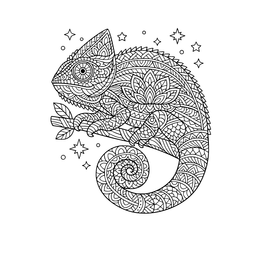 mandala chameleon, elegant and intricate geometric and wavy patterns