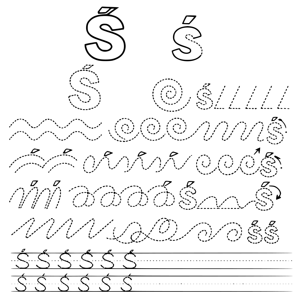 zrób całą listę ćwiczeń do litery Ś duże i ś małe różne ślaczki wykropkowane dzięki którym nauczymy pisać się literkę Ś i ś