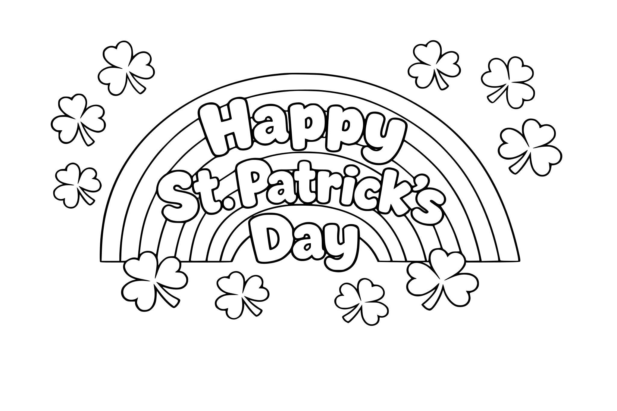 “Happy St. Patrick’s Day” in bubbly lettering inside the rainbow Shamrocks scattered around