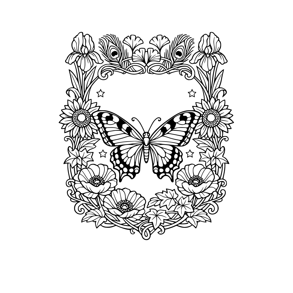 Art nouveau style flowers and butterflies, with irises, sunflowers, ginkgo leaves, peacock feathers, poppies, ivy. Each page should have an ornate border around a picture of a butterfly with flowers