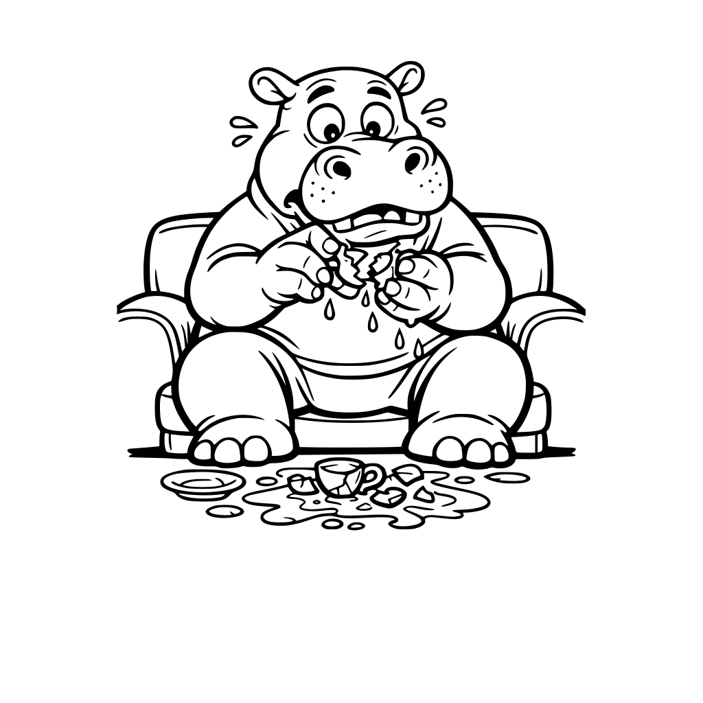 A giant funny hippo sipping out of a small tiny cup. confused as his fingers broke the cup tea everywher on the floor, hes sitting on a couch. big shapes easy to color.