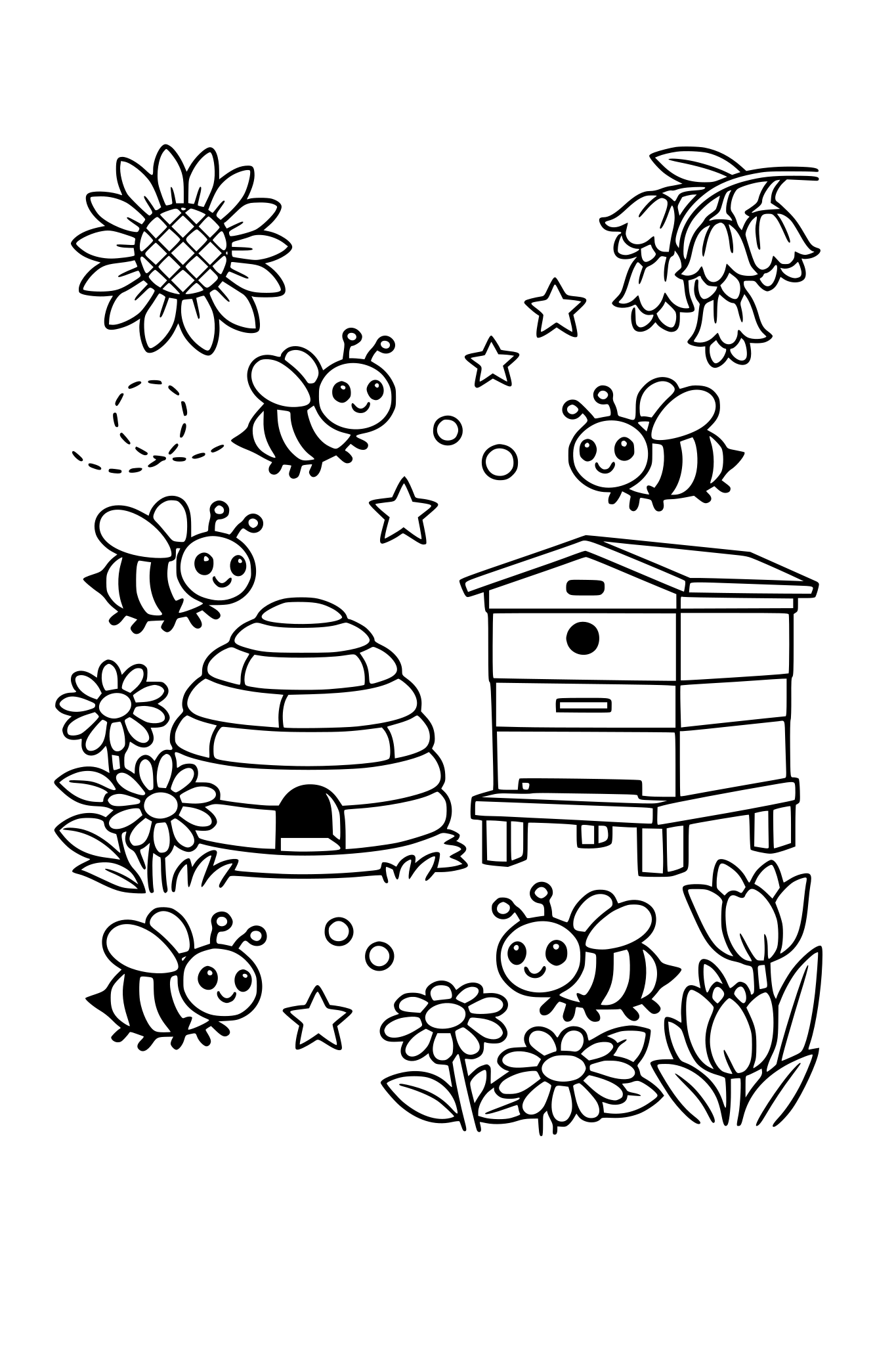 Bees, Flowers and hives