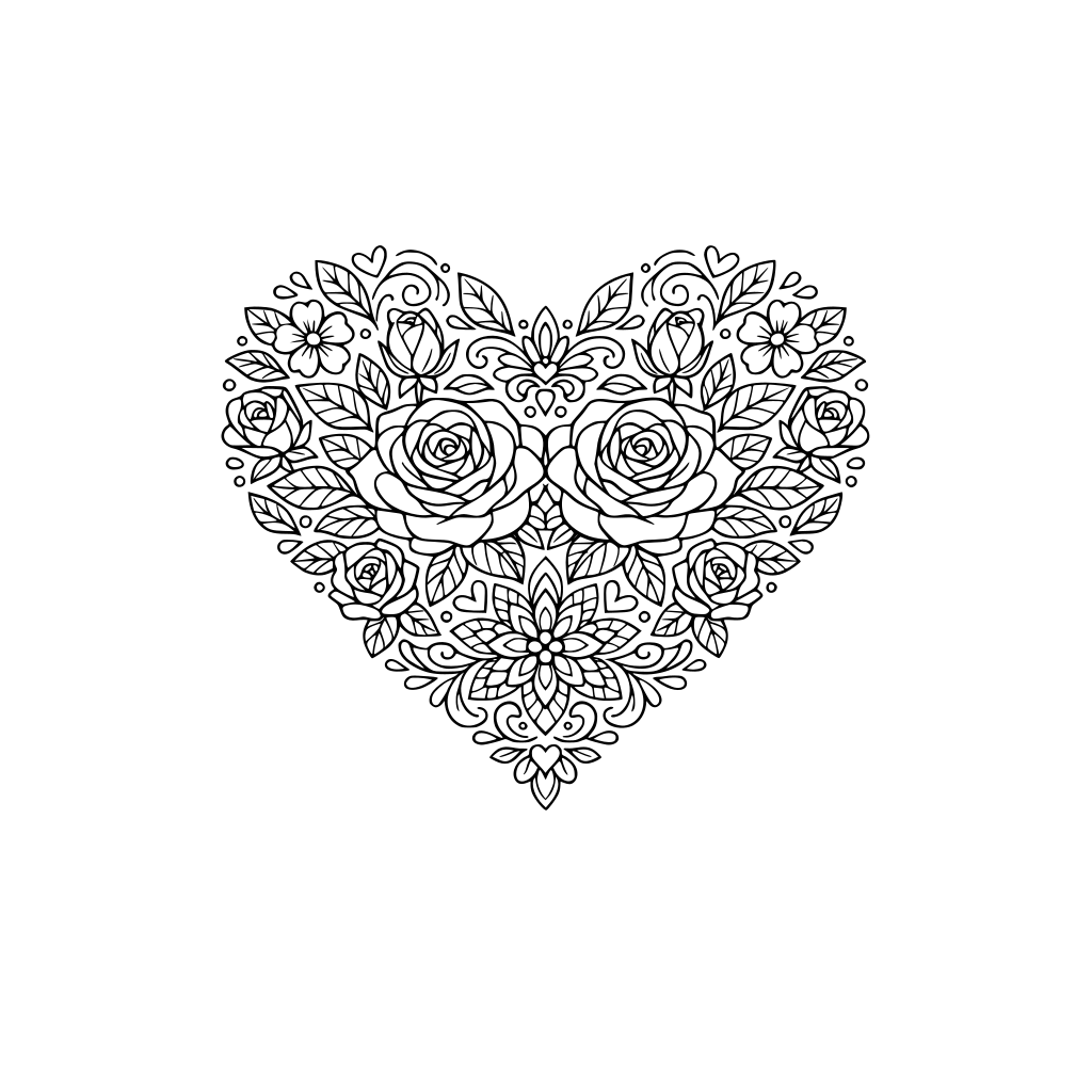 Valentine’s Day heart-shaped mandala made of roses, leaves, and floral patterns. Detailed but clean black and white line art, symmetrical design, no shading, adult coloring page, stress relief printable, white background.