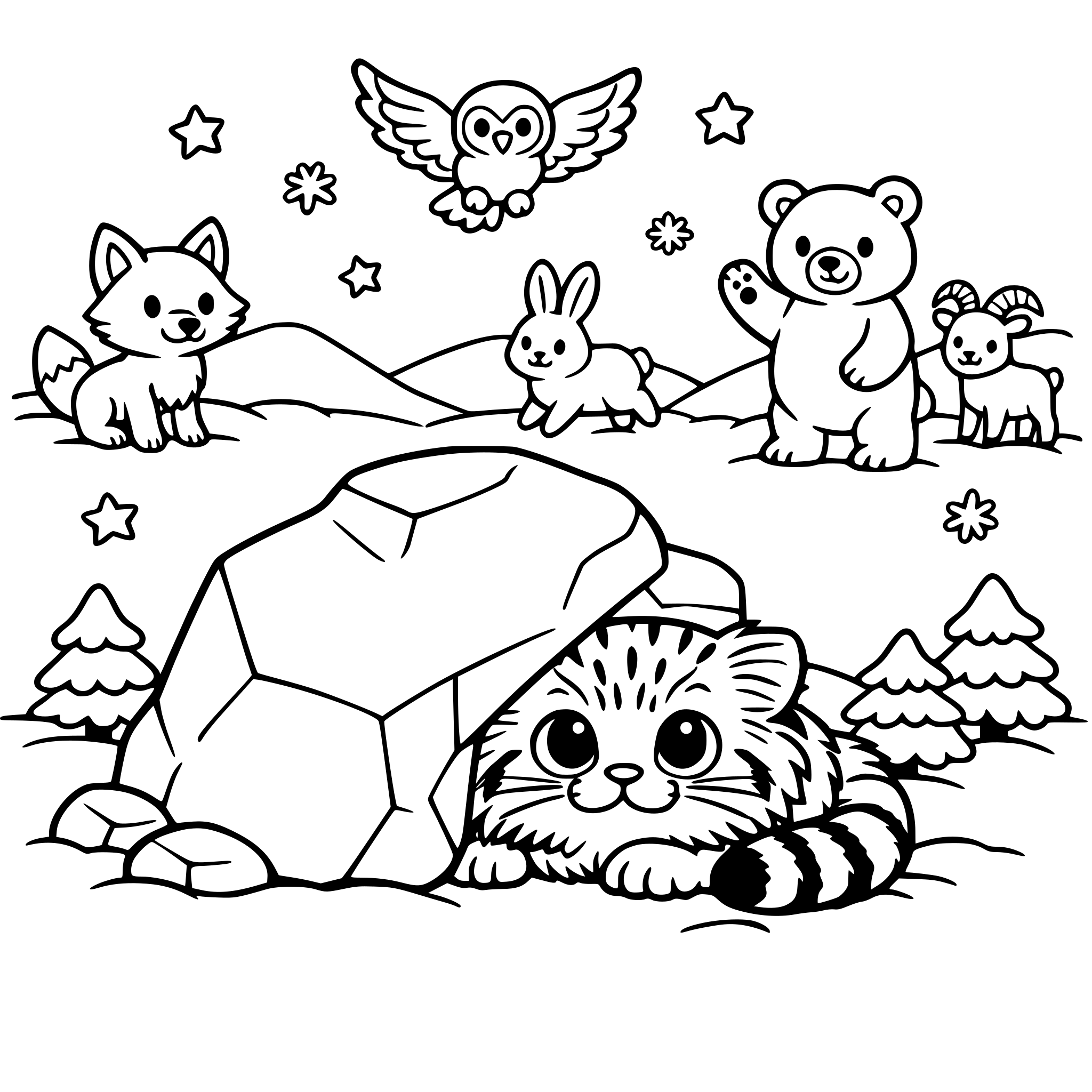 pallas cat hiding from a big stone against from the other animals in the snowy background cute and kid friendly