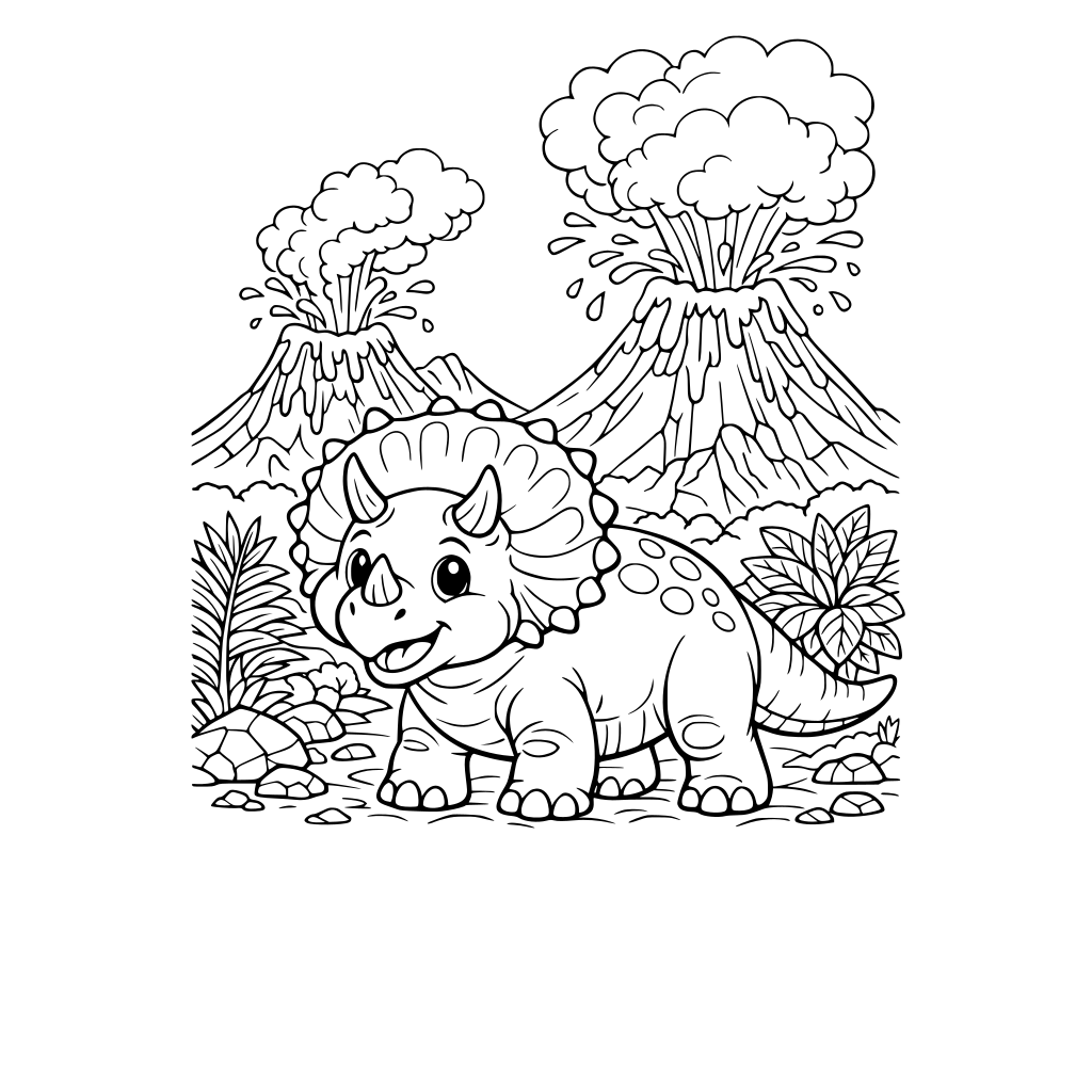 Portrait oriented coloring book page that is black and white with a friendly looking triceratops. Background has volcanoes with smoke and lava coming out. Fill the whole page with great detail.