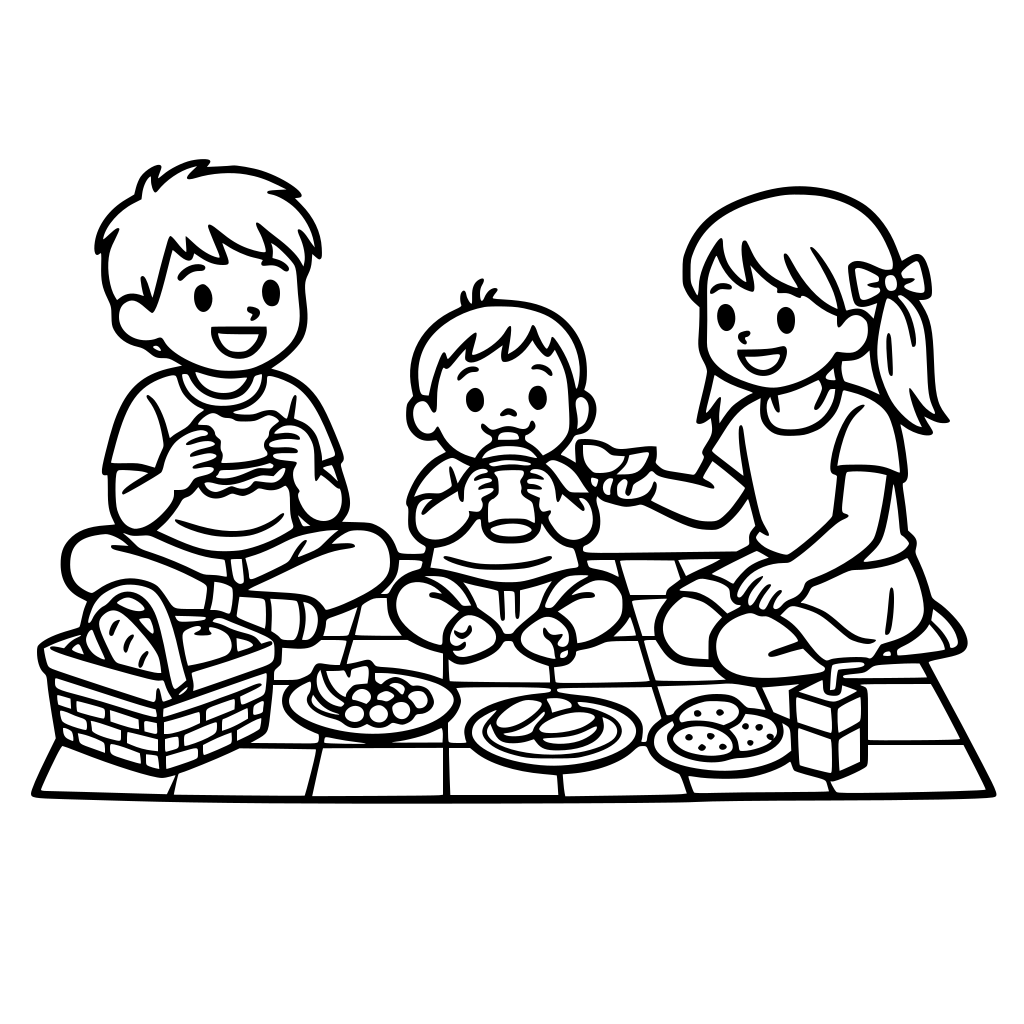 boy,girl and toddler on a picnic blanket
