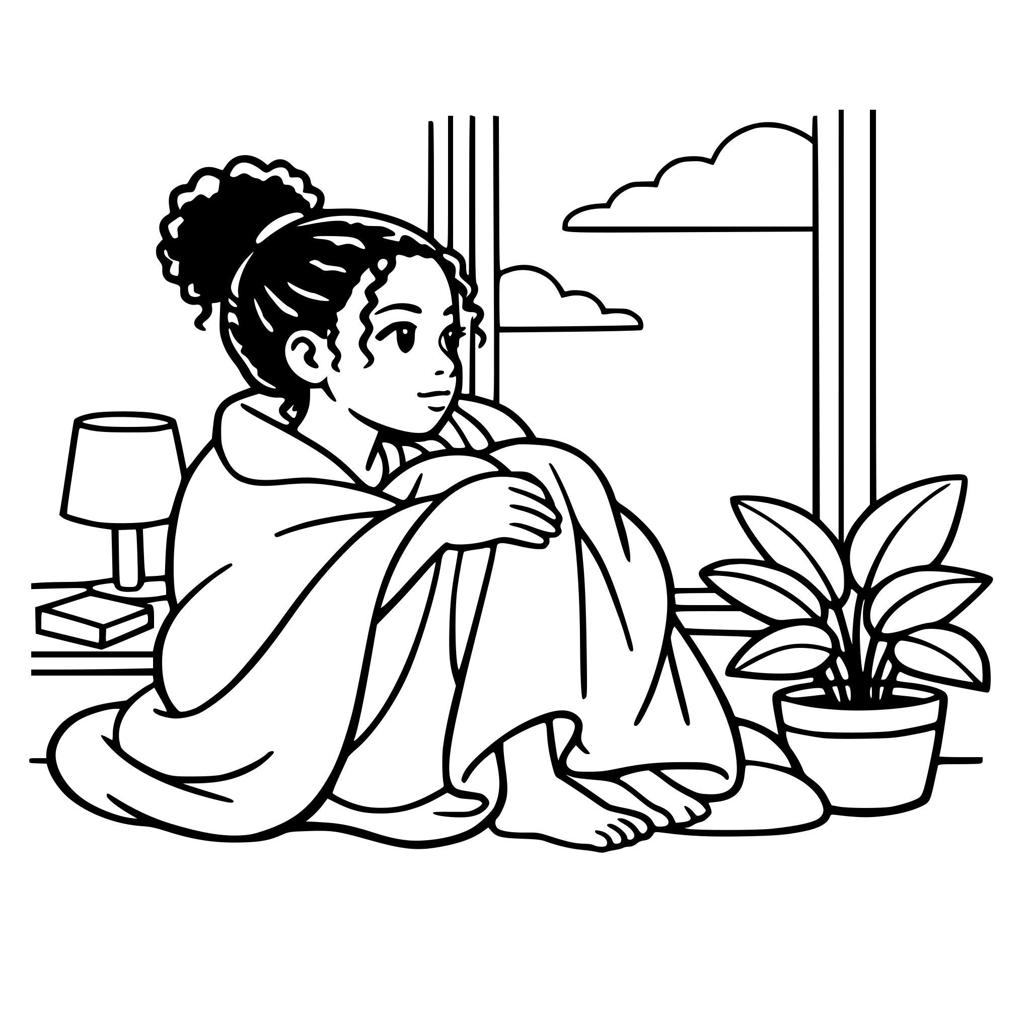 African American teen girl sitting by window looking outside, cozy blanket, soft calm mood, minimal bedroom decor, plant nearby, black and white coloring book page, bold outlines, simple shapes, lots of white space, no shading, no grayscale, no color