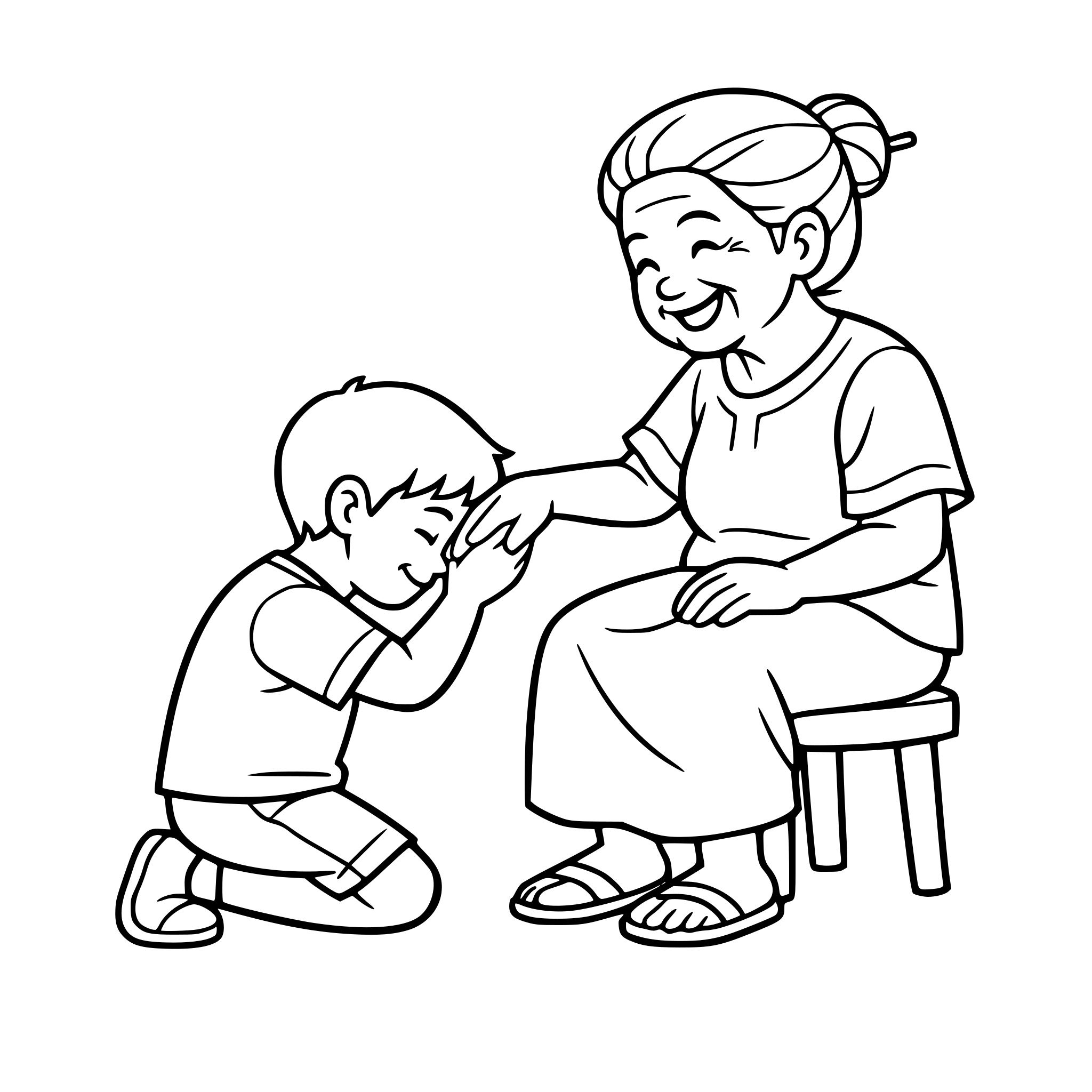 A young Filipino child doing ‘pagmamano’ to an elder, both smiling, traditional Filipino values