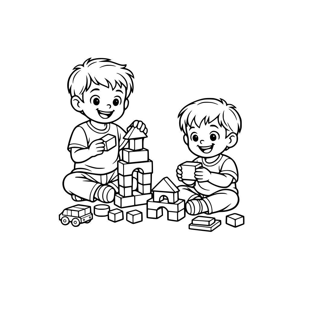 two brother playing blocks floor
