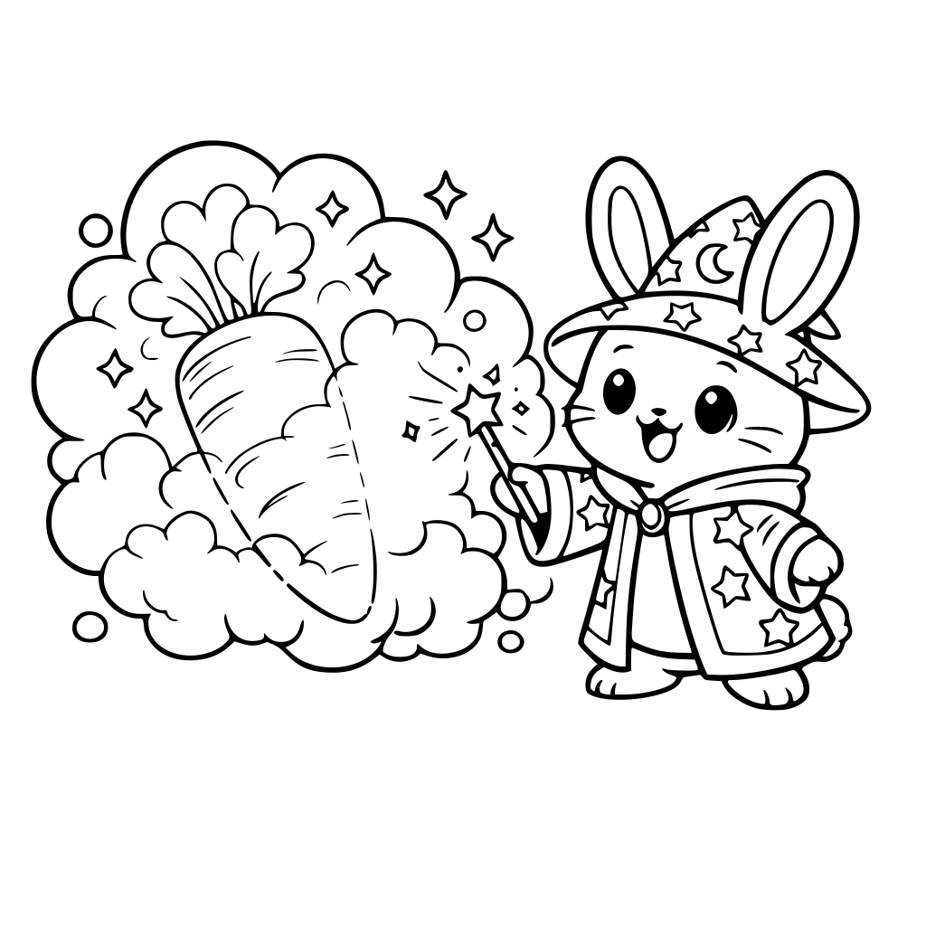 cartoon and kawaii-style bunny in a magic robe making giant carrot disappear — puff of smoke, carrot fading.