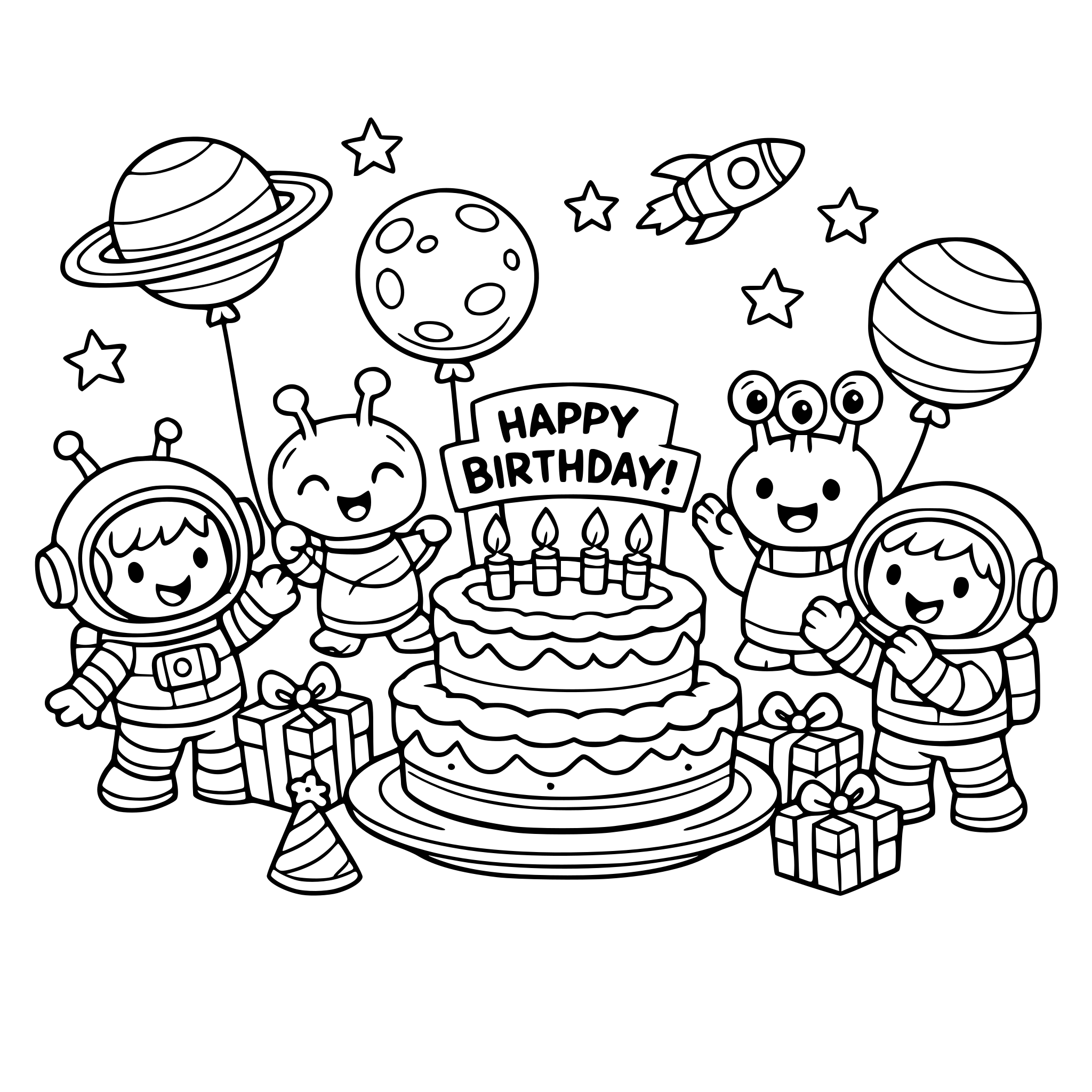 Cute aliens and astronauts celebrating a birthday in space with cake and balloons shaped like planets, fun cartoon styl