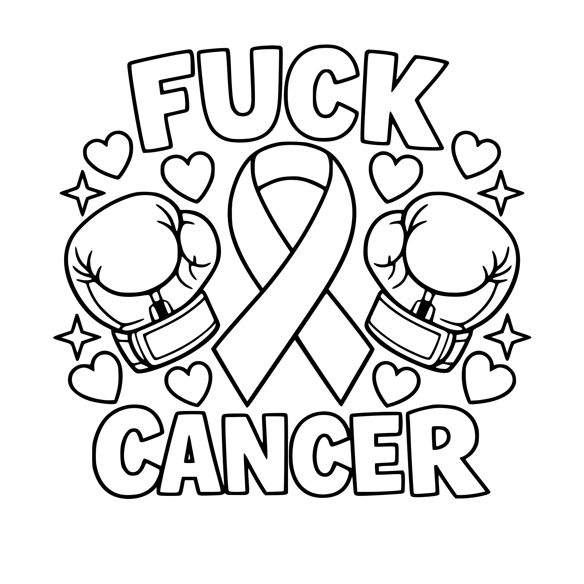 Outlined fuck cancer with cancer ribbon in the middle surrounded by boxing gloves and hearts