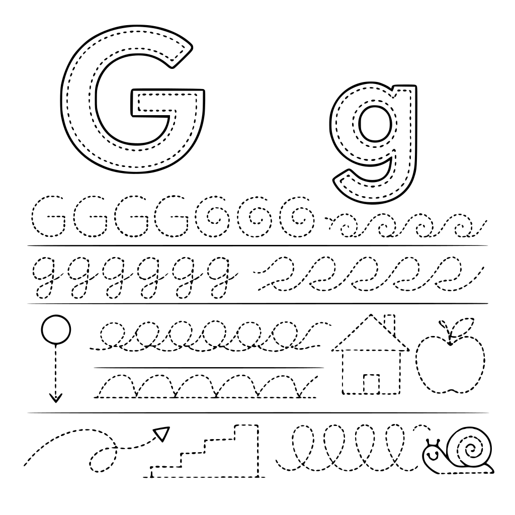 zró całą listę ćwiczeń do litery G duże i g małe różne ślaczki wykropkowane dzięki którym nauczymu pisać się literkę G i g