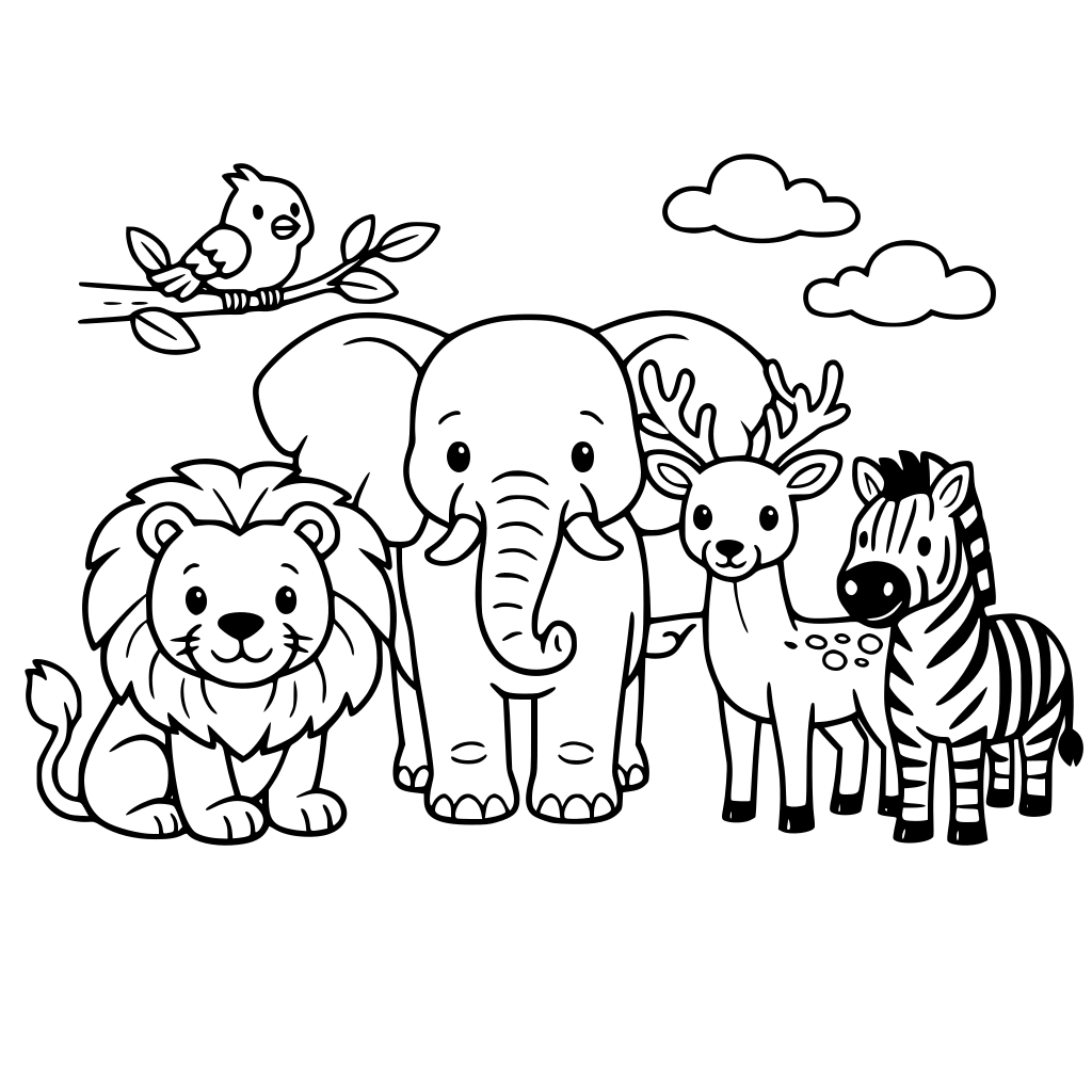 Lion elephant deer bird zebra in forest