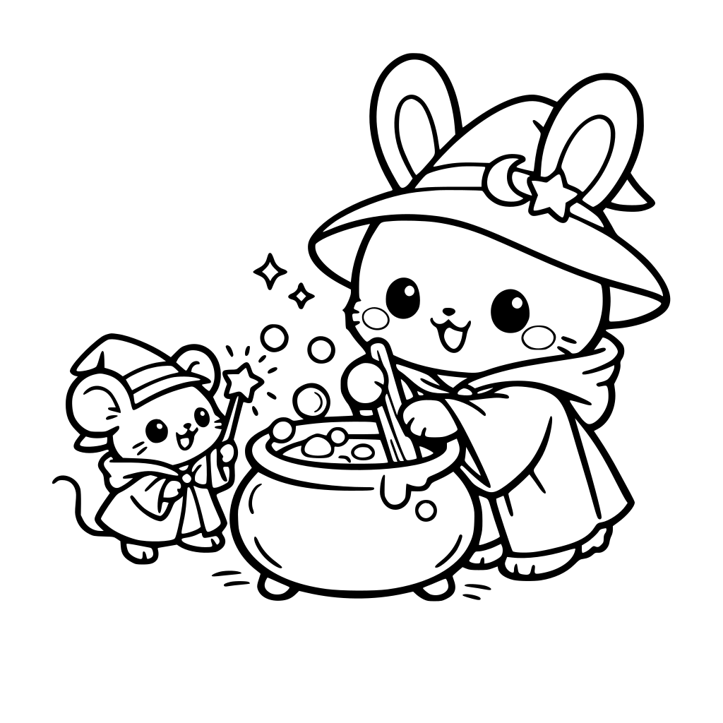 cartoon and kawaii-style bunny in a magic robe with tiny assistant mouse — mouse holding wand and the bunny stir potion pot playful teamwork.