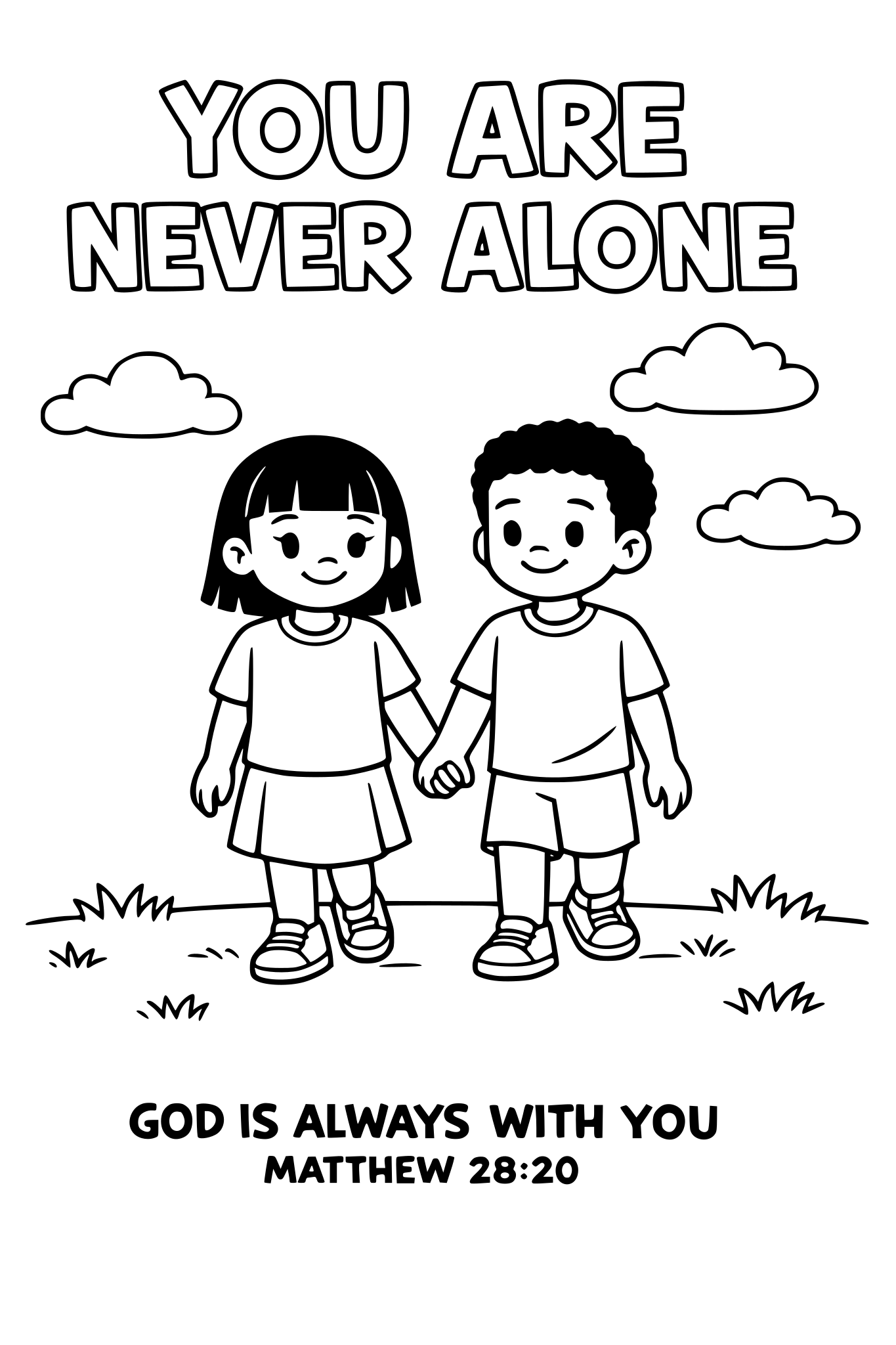 Black and white coloring page, simple kids line art, 2 child