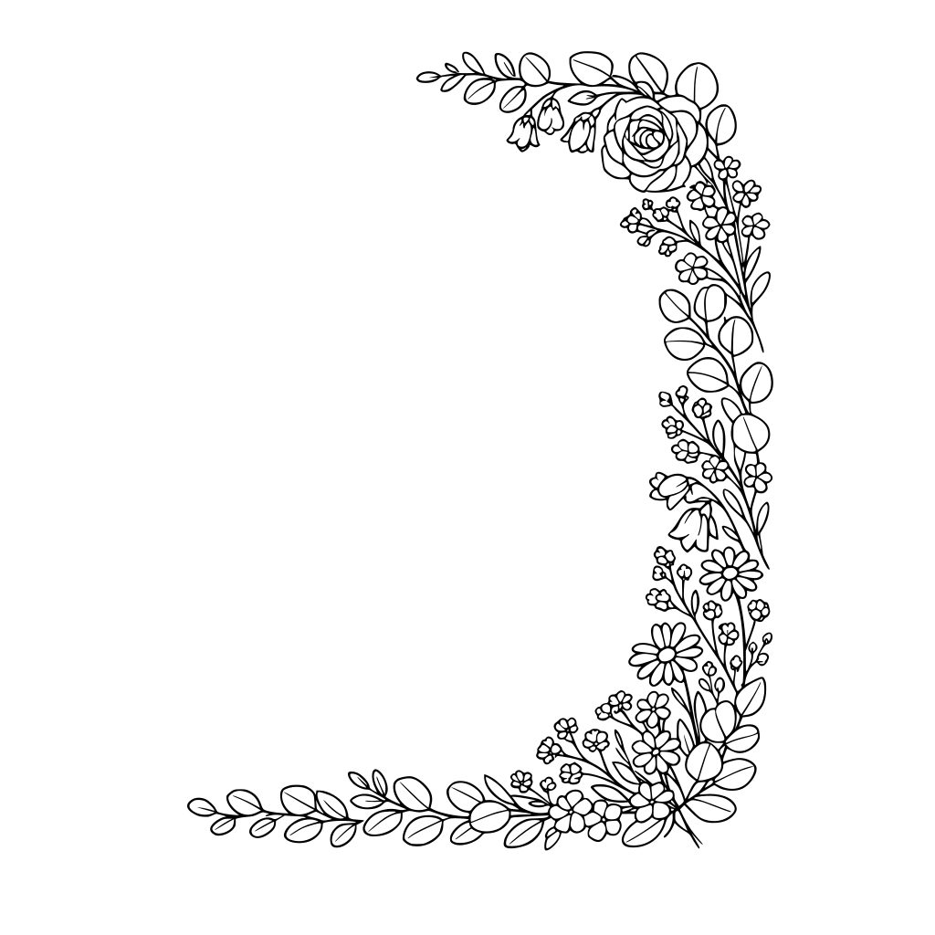 minimalist floral flat lay, delicate flowers with soft fillers and wildflowers, thin stems and eucalyptus leaves forming a curved border along the right and bottom edges, lots of negative space on the left side for text. The overall mood is elegant, airy, romantic, and natural.