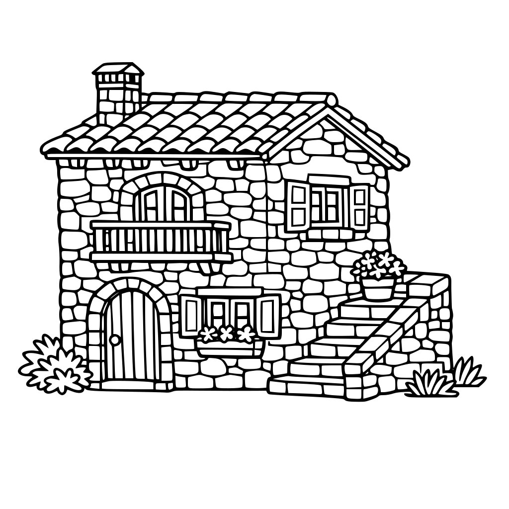 por favor dibuja una casa de pueblo de piedra.