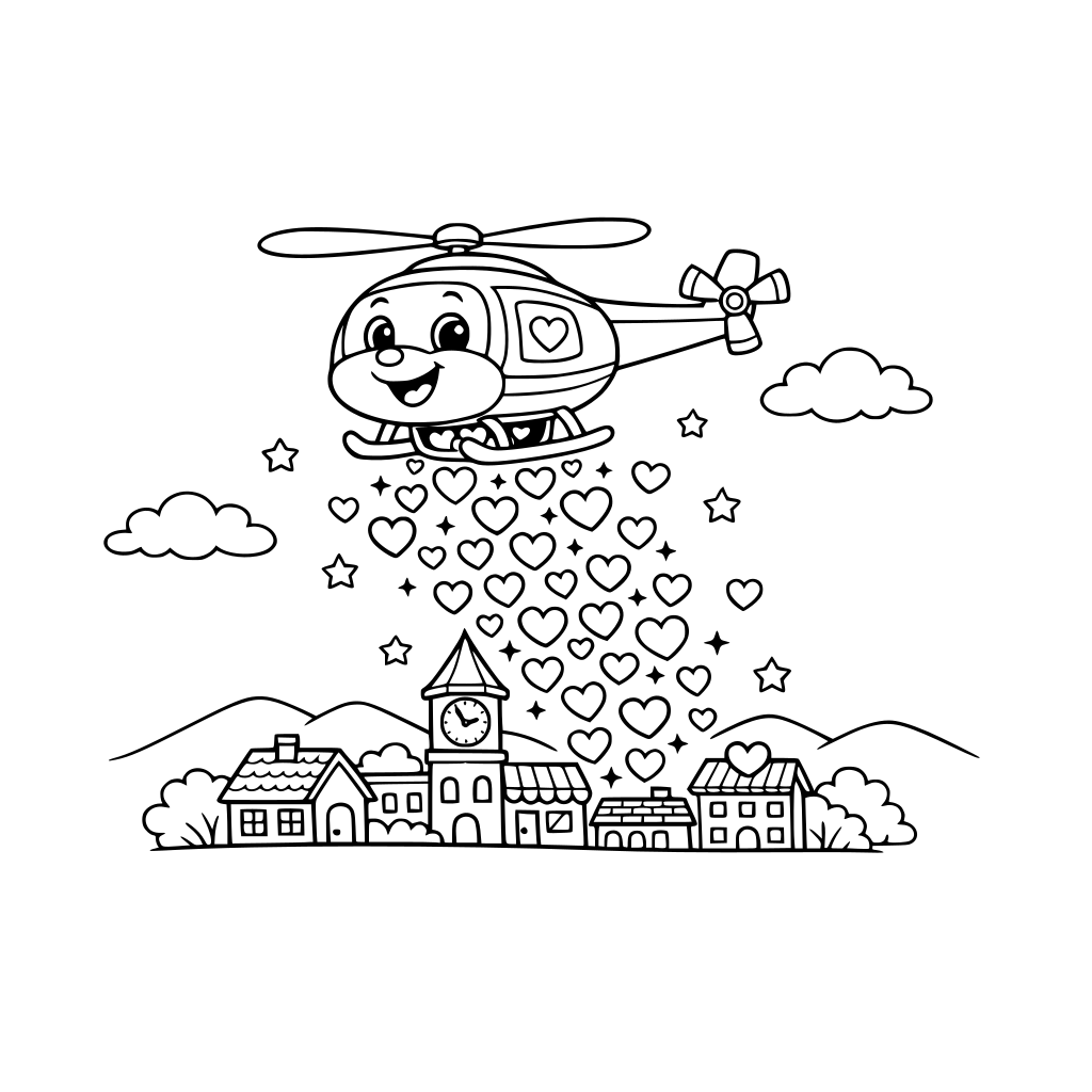 “Cheerful cartoon helicopter dropping shower of glittery Valentine hearts over a town below.”