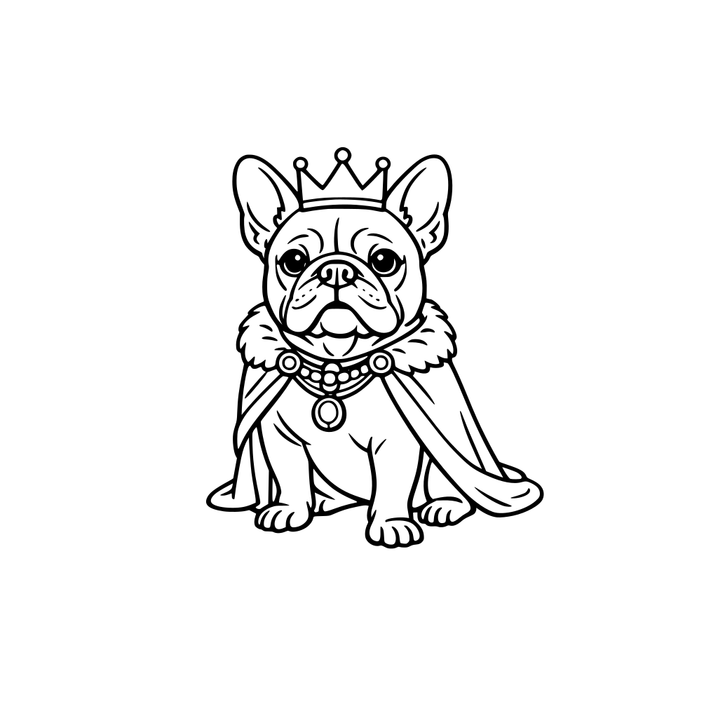 French Bulldog wearing crown, royal theme, simple crown outline on head, bold dog features, white background, thick lines, regal coloring book page, majestic but simple design