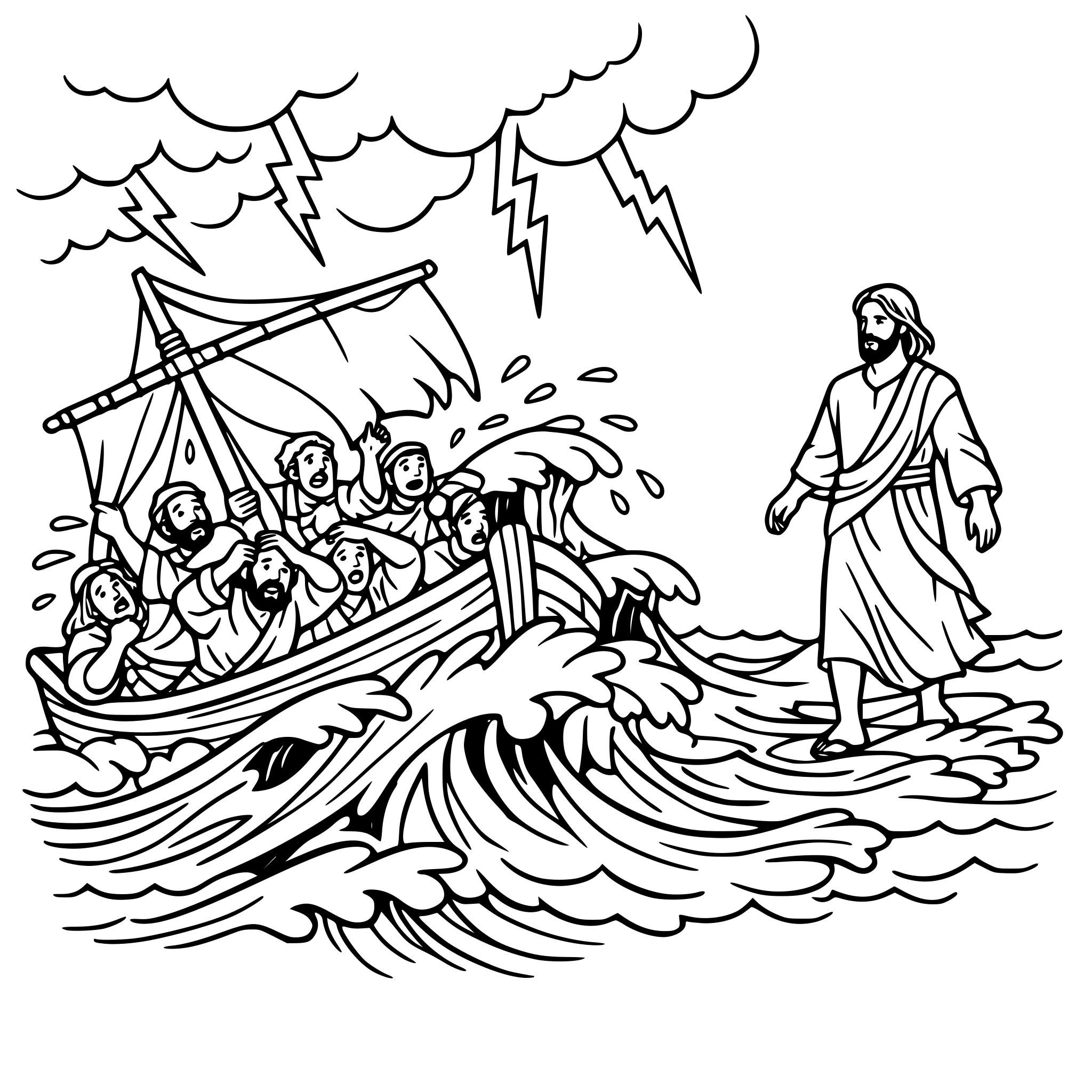 A boat tossed by wind and waves in a furious storm, include weather elements like lightning, include disciples on the boat looking terrified and the boat being overcome by waves. Show Jesus walking on top of the waves calm and confident coming toward the boat to save them