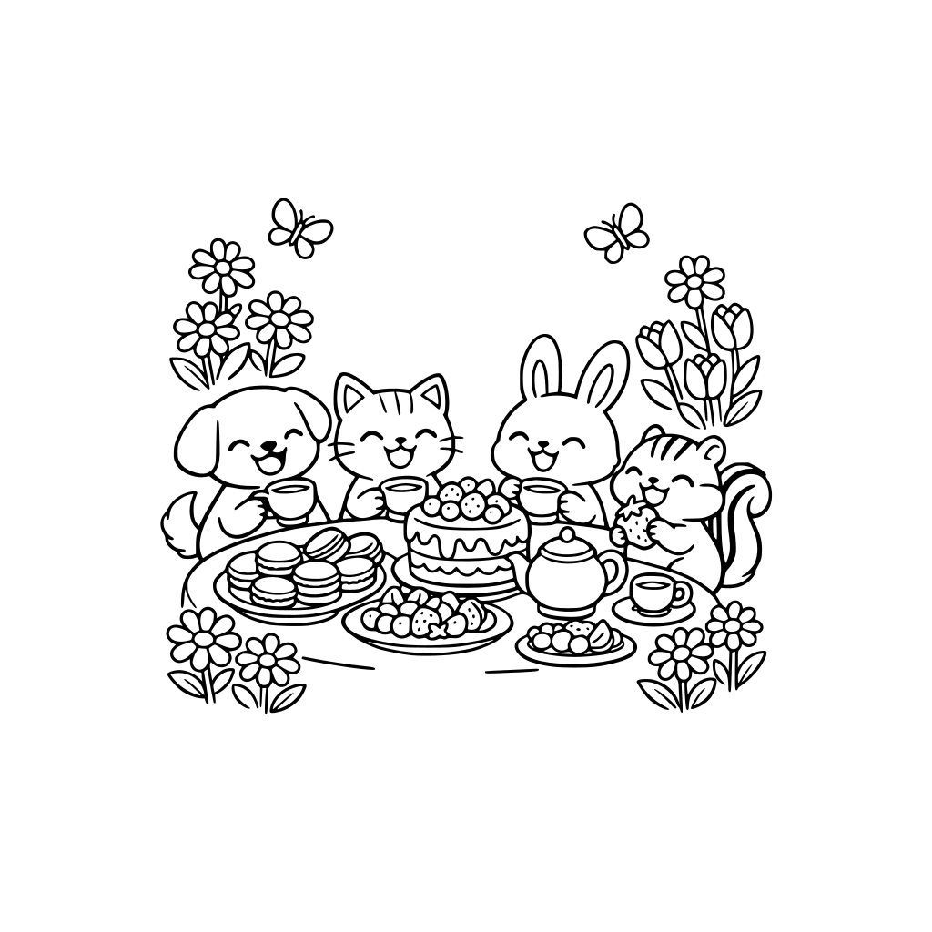 봄기운이 완연한 꽃이 핀 정원에 귀여운 강아지 고양이 토끼 다람쥐가 같이 마카롱 케잌 과일과 함께 티타임을 가지며 웃고 있는 모습을 만들어줘. 심플라인