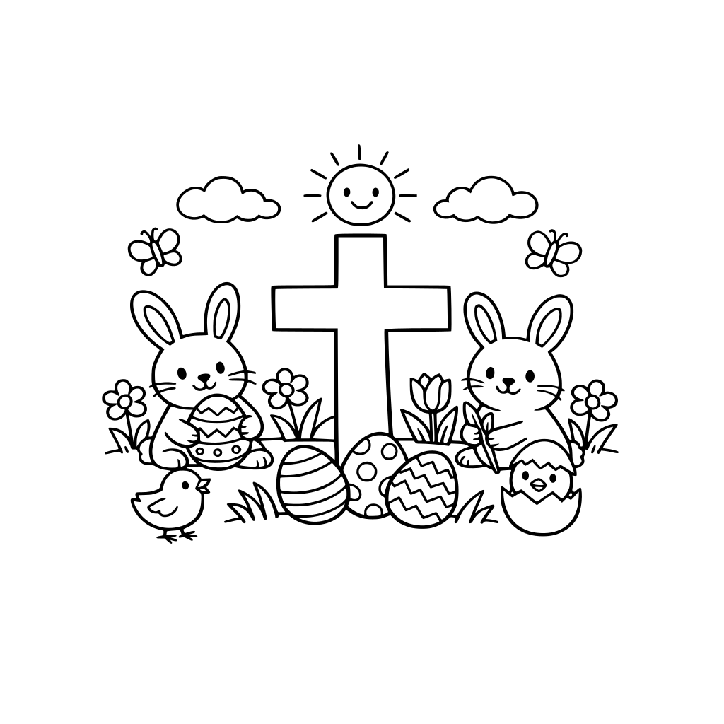 Easter coloring sheet. Minimal detail, include a cross, bunnies, eggs, chicks, and other Easter elements