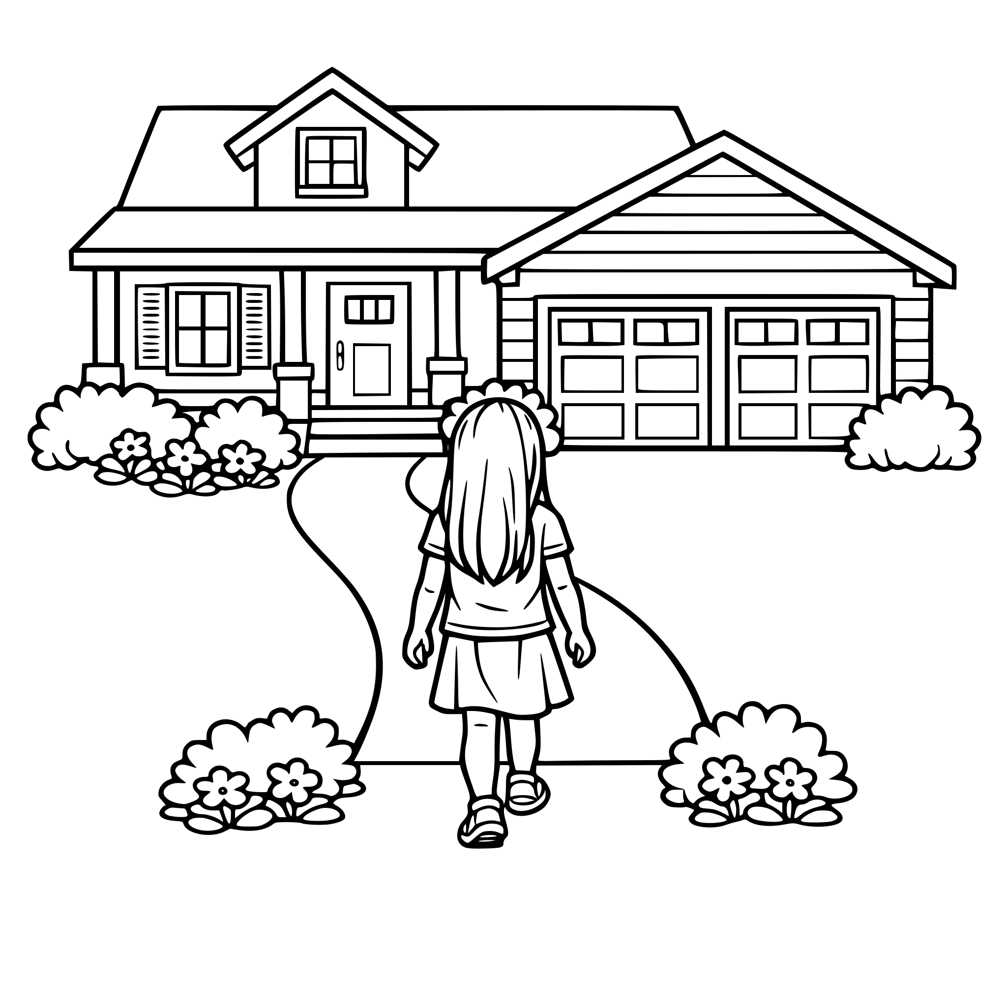 Create an image of a young girl with long hair walking up the walkway to her house. The house has a two car garage. White background, isolated.