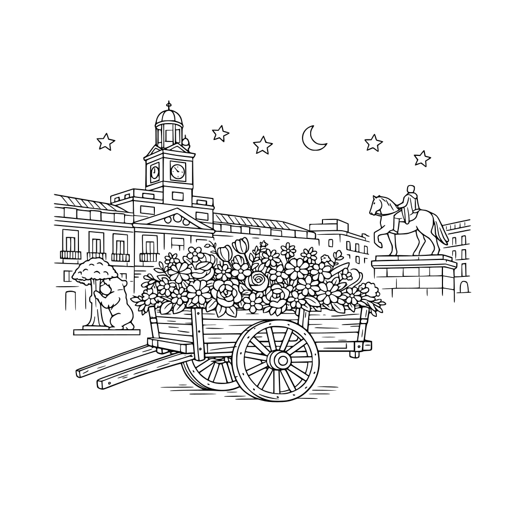 por favor dibuja un viejo carro de madera lleno de flores, en medio de la puerta del sol de madrid